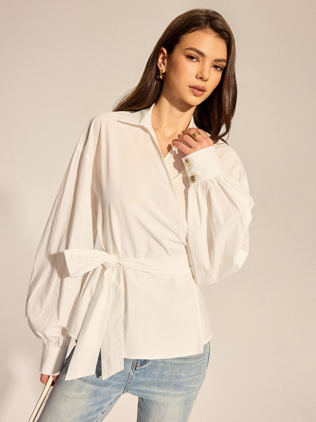 Long Sleeve Wrap Tie Waist Blouse Elegant V-Neck Office Top