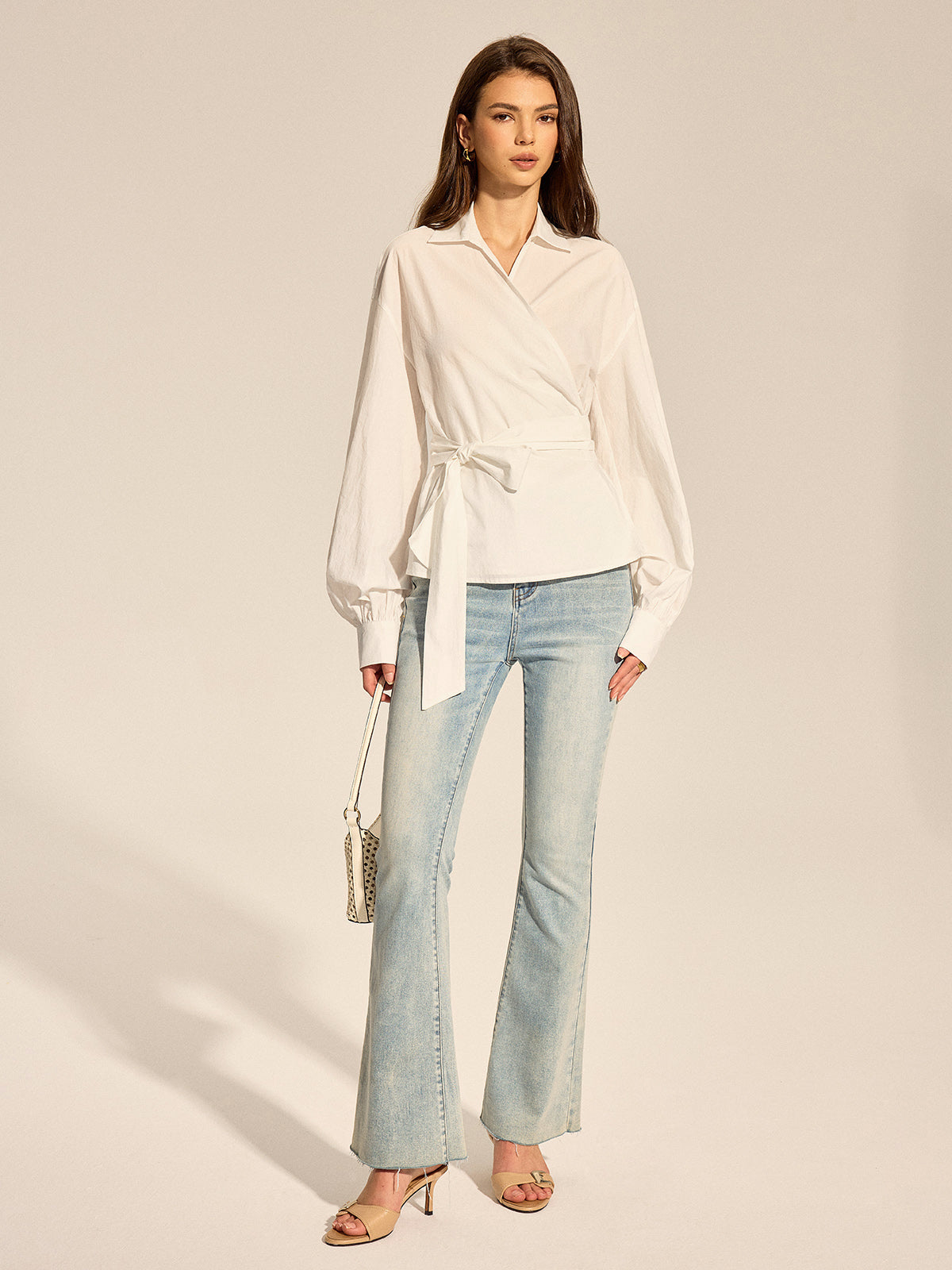 Long Sleeve Wrap Tie Waist Blouse Elegant V-Neck Office Top