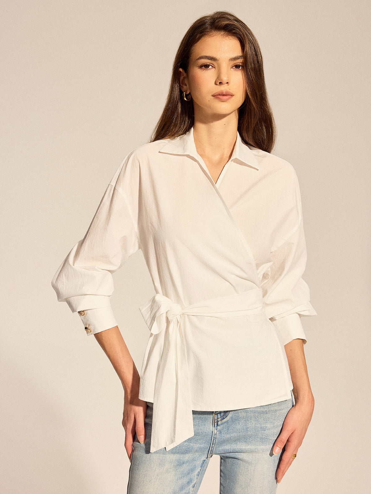 Long Sleeve Wrap Tie Waist Blouse Elegant V-Neck Office Top