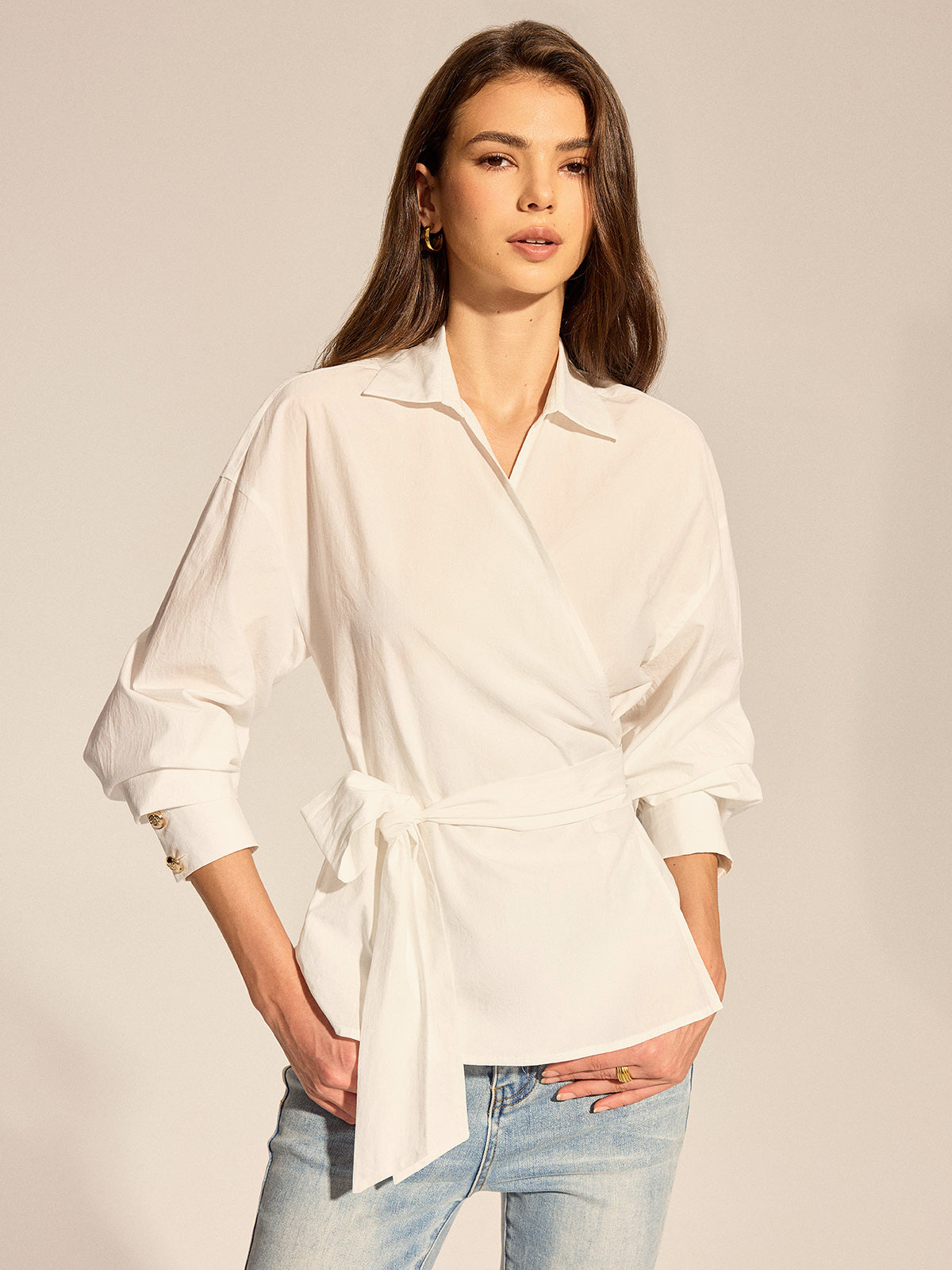 Long Sleeve Wrap Tie Waist Blouse Elegant V-Neck Office Top