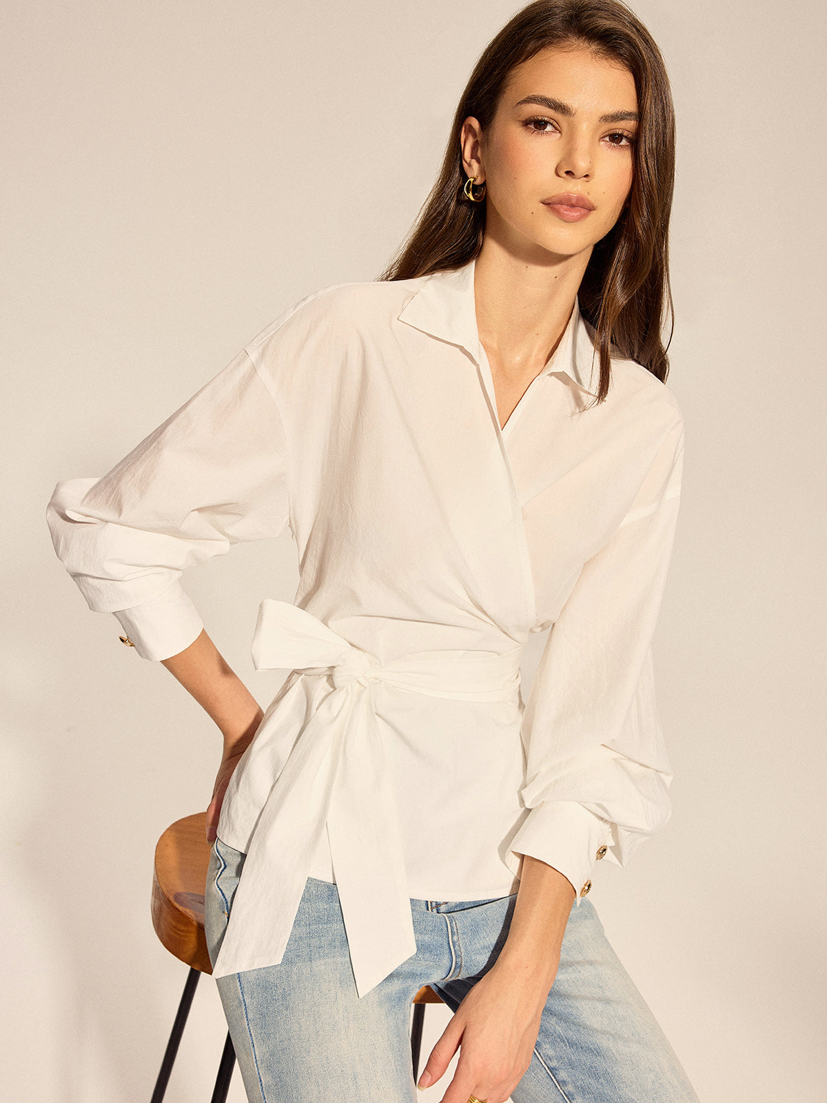 Long Sleeve Wrap Tie Waist Blouse Elegant V-Neck Office Top