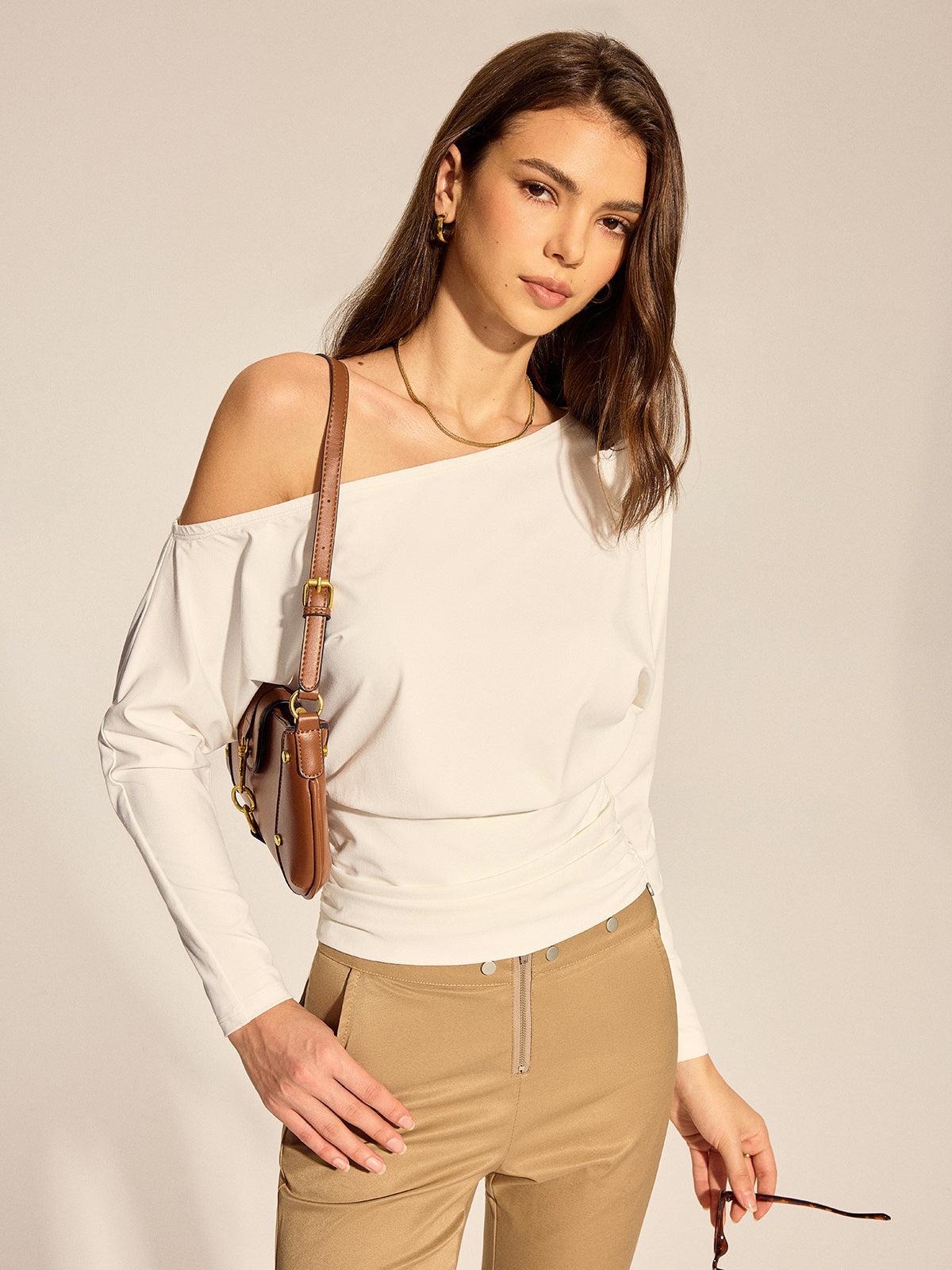 Off Shoulder Ruched Waist Long Sleeve Top Elegant Casual Blouse