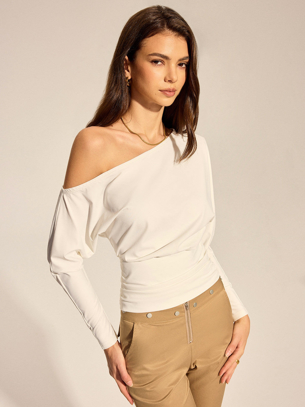 Off Shoulder Ruched Waist Long Sleeve Top Elegant Casual Blouse