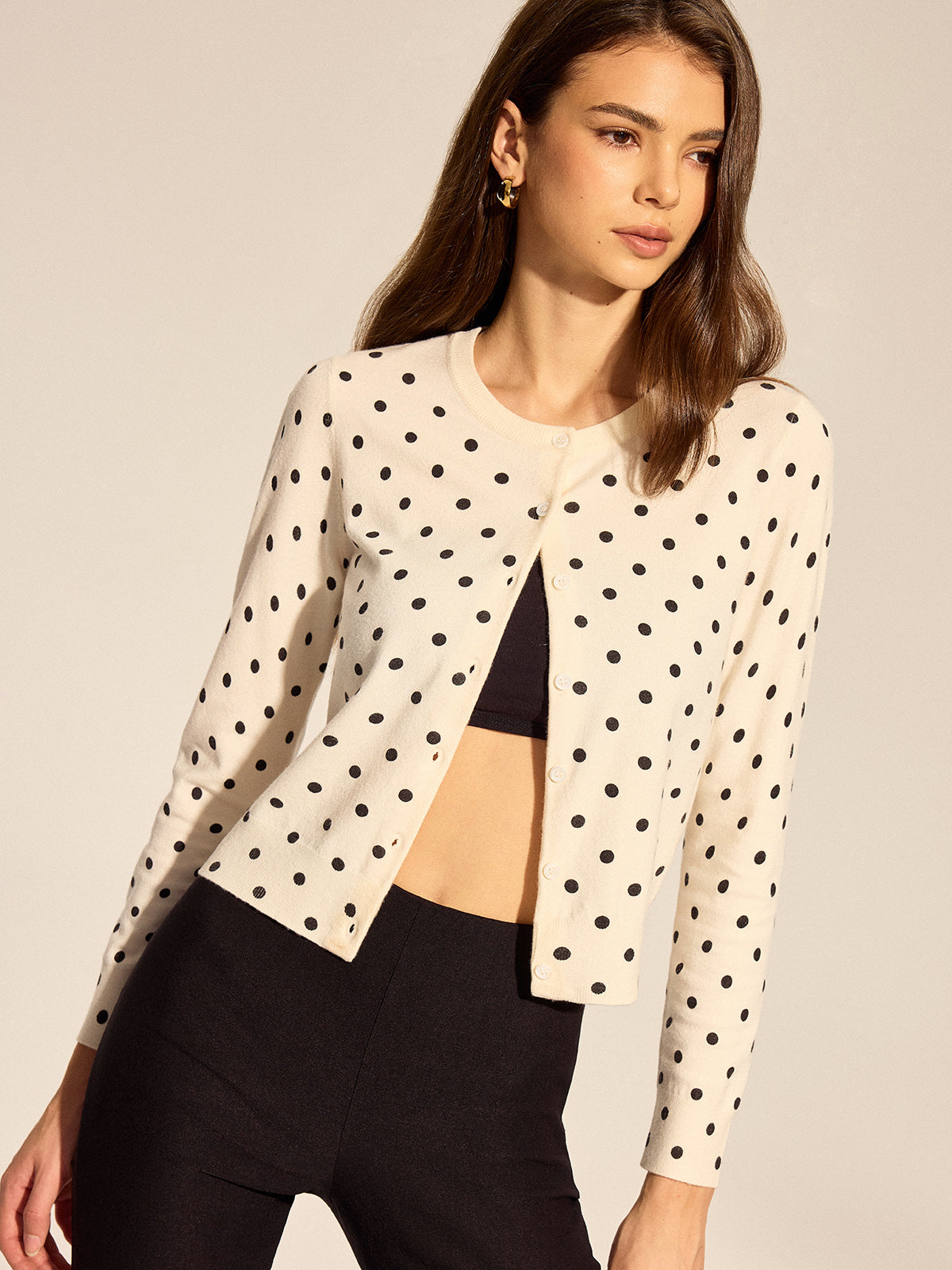 Polka Dot Button-Front Knit Cardigan for Women Lightweight Cozy