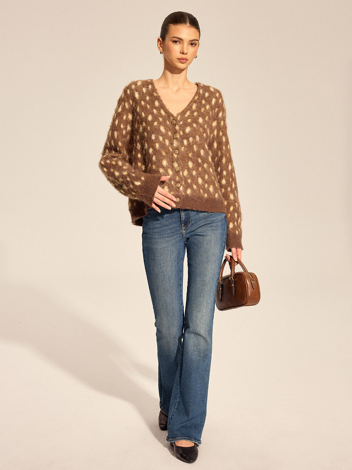 V Neck Spotted Fluffy Knit Cardigan Women's Cozy Winter Wear