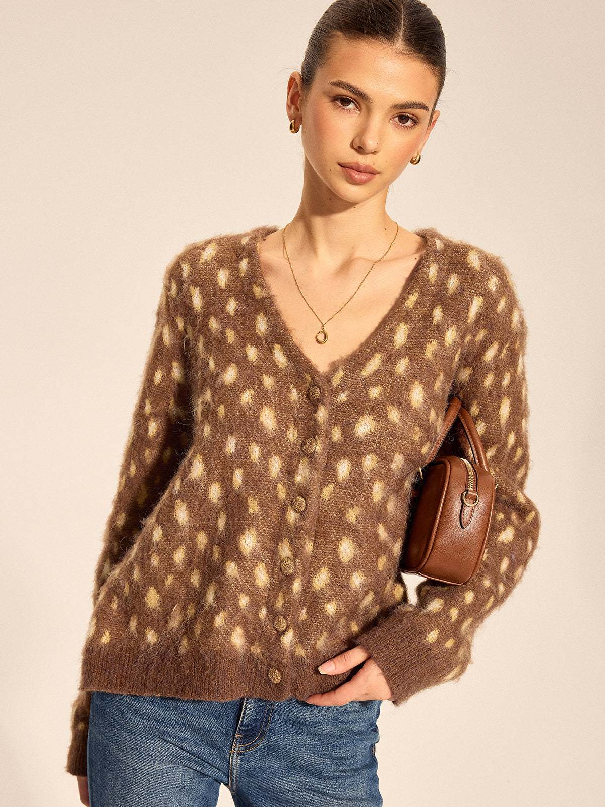 V Neck Spotted Fluffy Knit Cardigan Women's Cozy Winter Wear