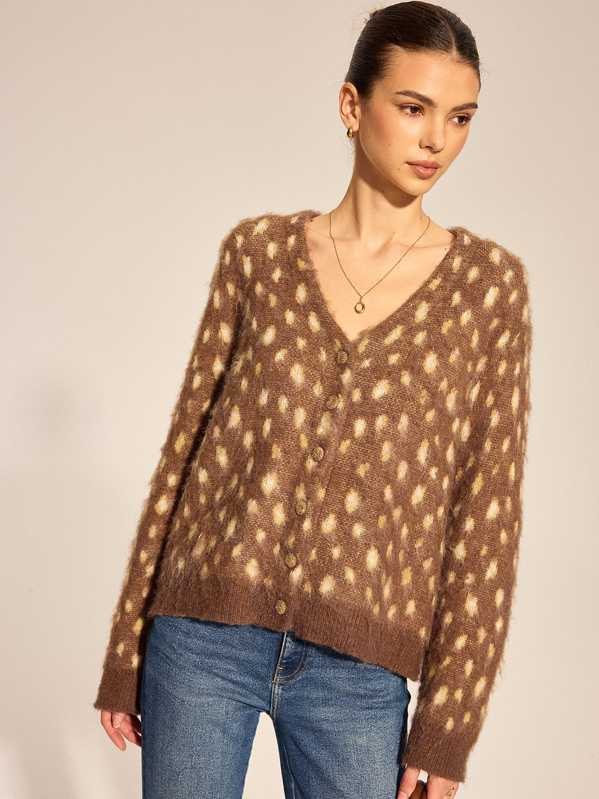 V Neck Spotted Fluffy Knit Cardigan Women's Cozy Winter Wear