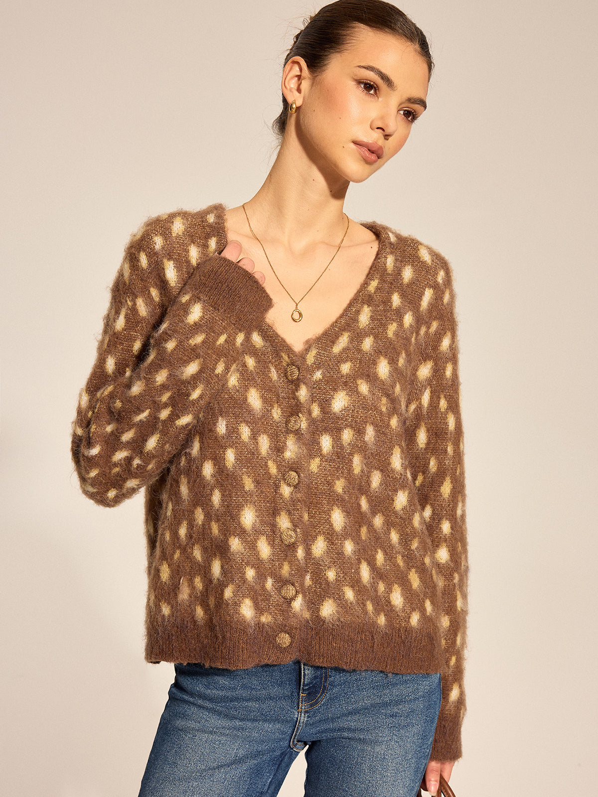 V Neck Spotted Fluffy Knit Cardigan Women's Cozy Winter Wear