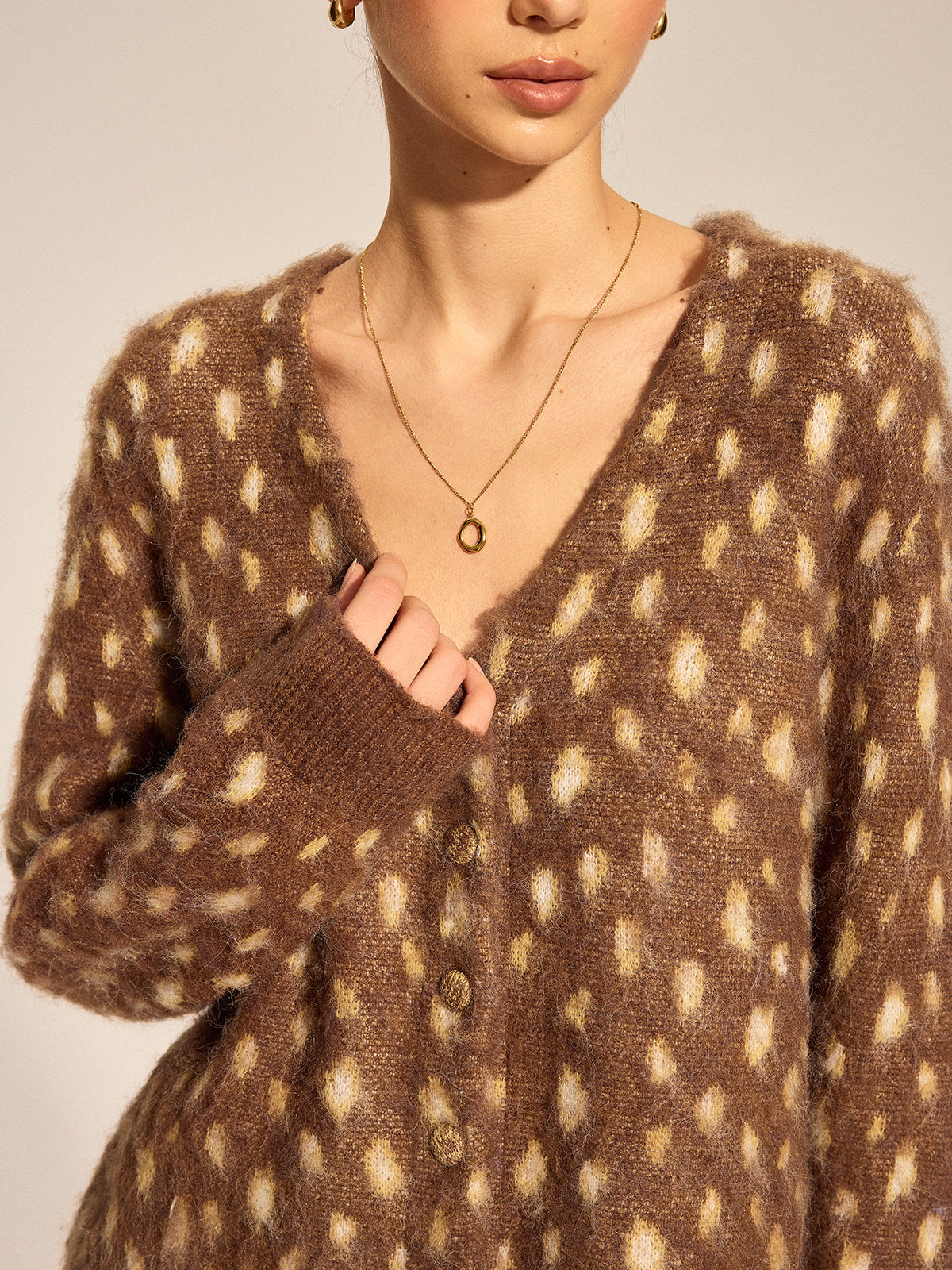 V Neck Spotted Fluffy Knit Cardigan Women's Cozy Winter Wear