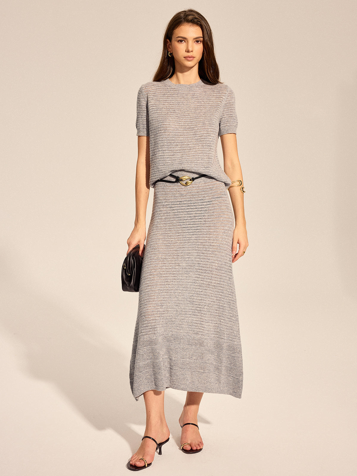 Wool Blend Hollow Two Piece Skirt Set Casual Elegant Outfit