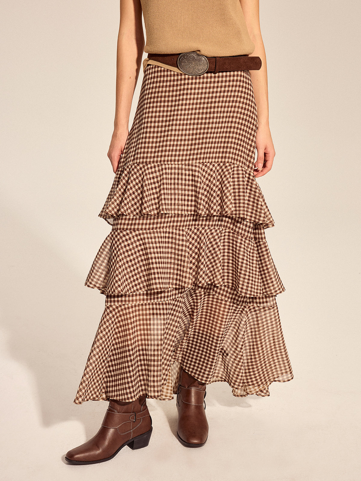 Gingham Tiered Maxi Skirt Women's Lightweight Summer Style