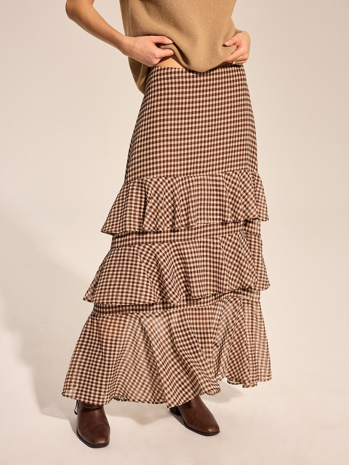 Gingham Tiered Maxi Skirt Women's Lightweight Summer Style