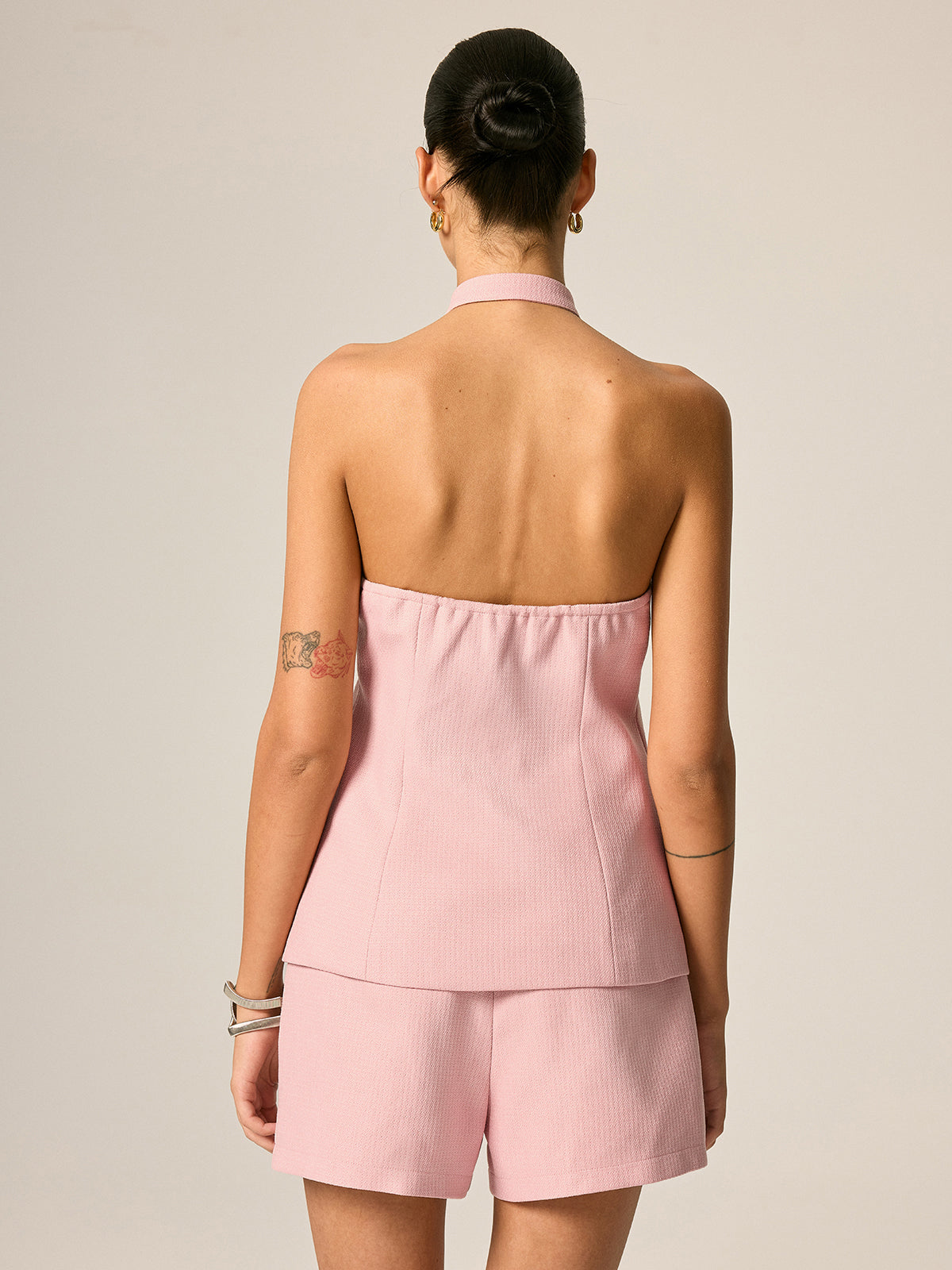 Frog Button Halter Textured Vest & Shorts Set for Women Summer Casual