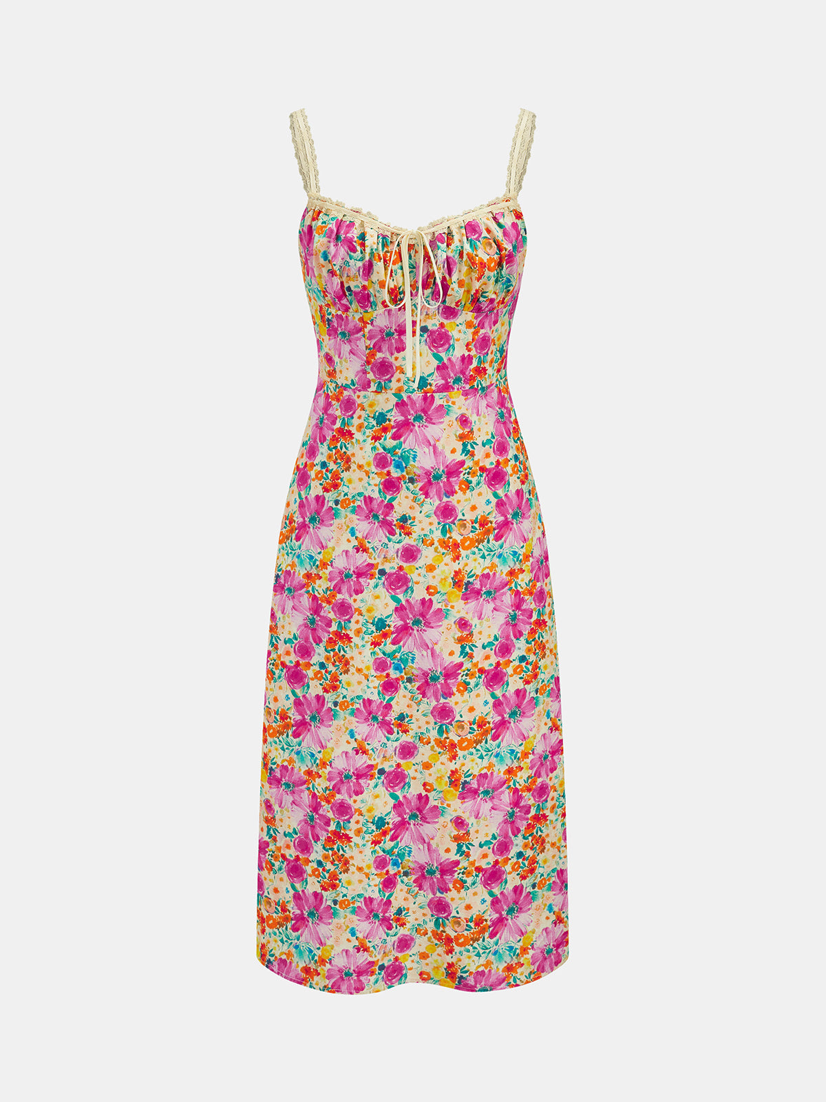 Lace Strap Tie Front Floral Midi Dress Women's Spring Fashion