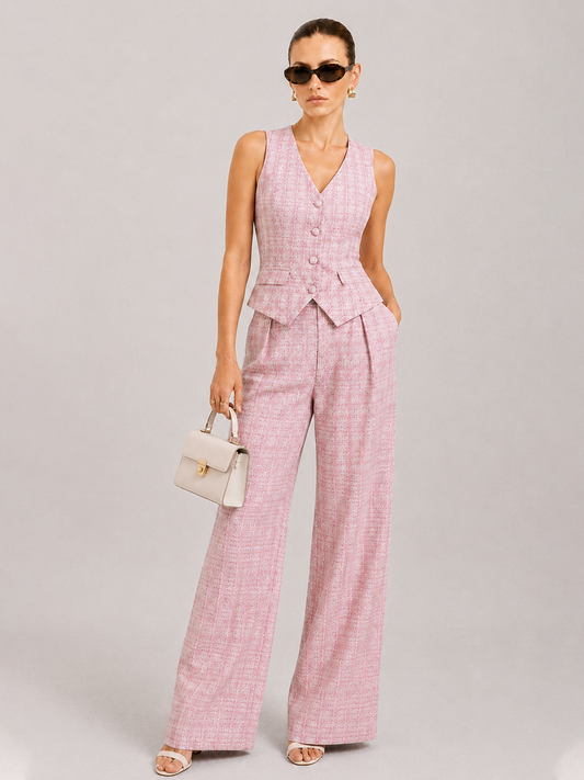 Textured Check Two Piece Pants Set with Belted Waist