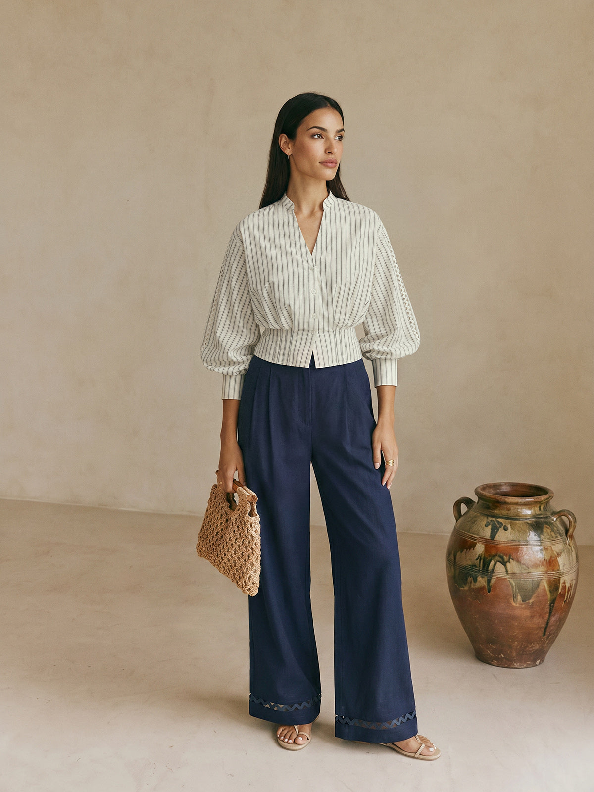 Striped Lace Panel Cotton Linen Blouse for Women Casual Summer Tops