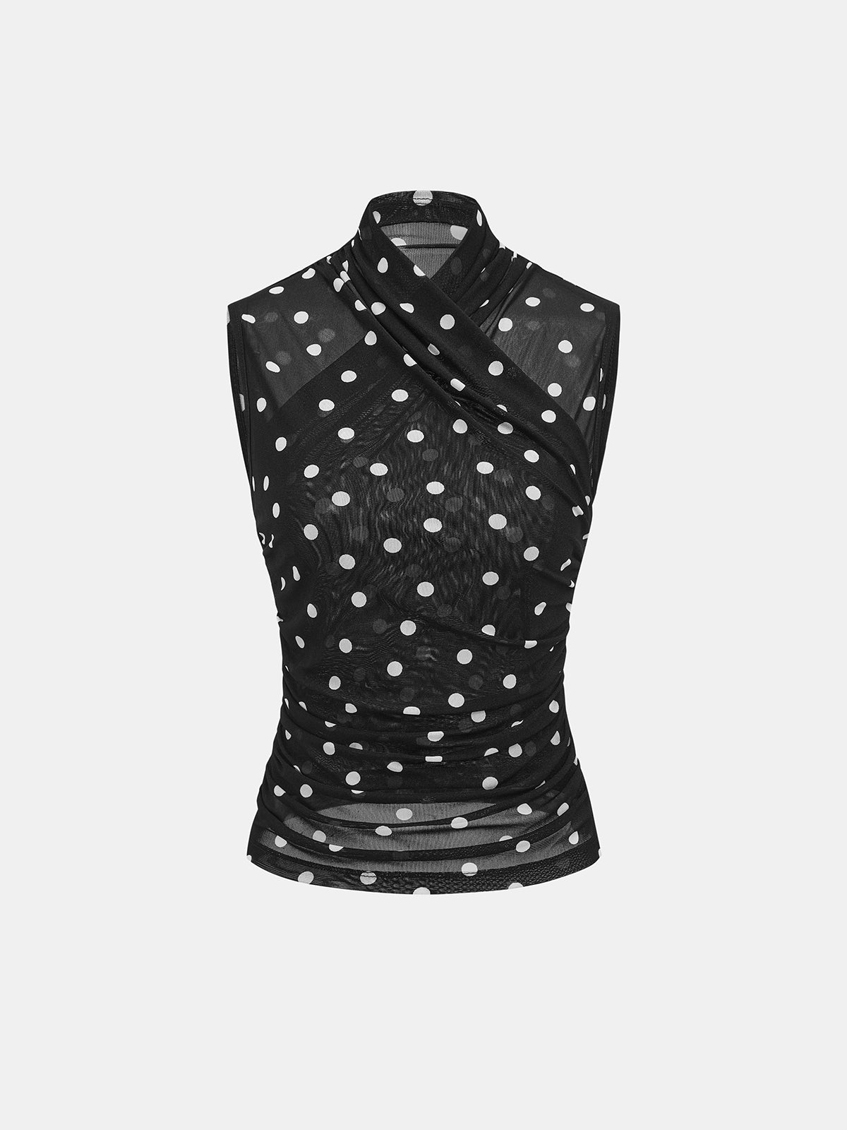 Polka Dot Ruched Sleeveless Mesh Top Women's Fashion Summer