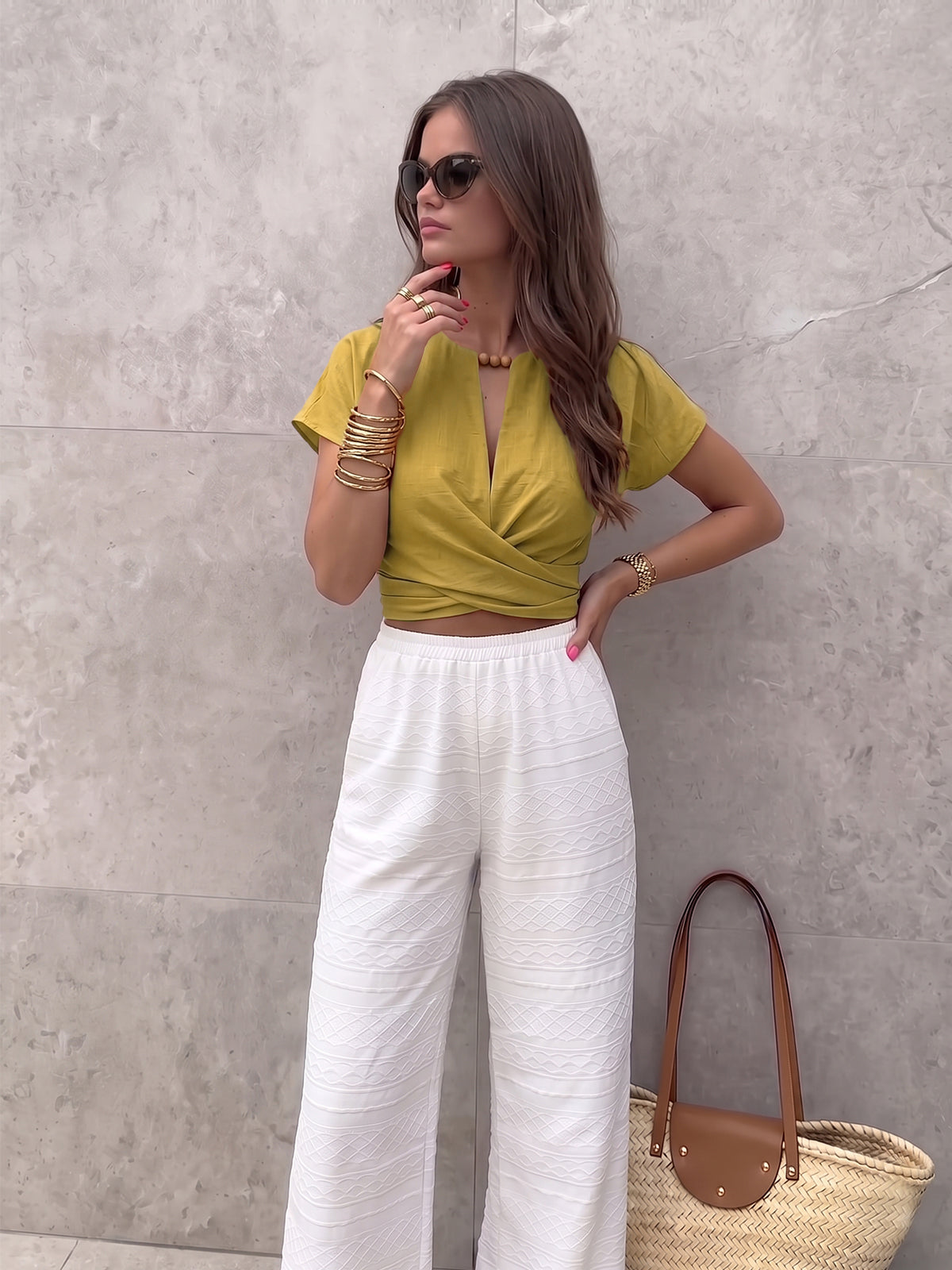 Tie-Back Wrap Crop Short Sleeve Blouse for Women Summer Casual