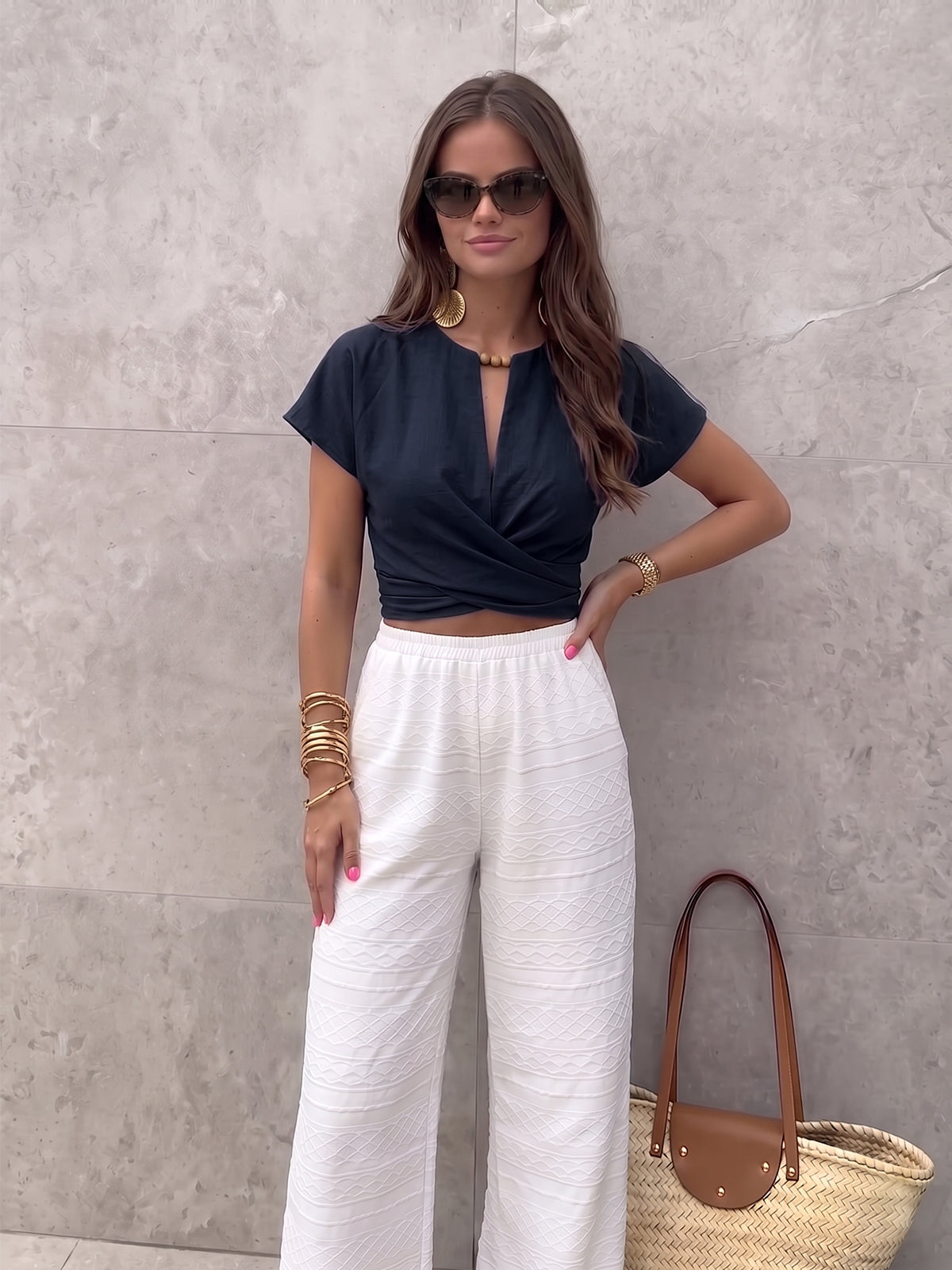 Tie-Back Wrap Crop Short Sleeve Blouse for Women Summer Casual