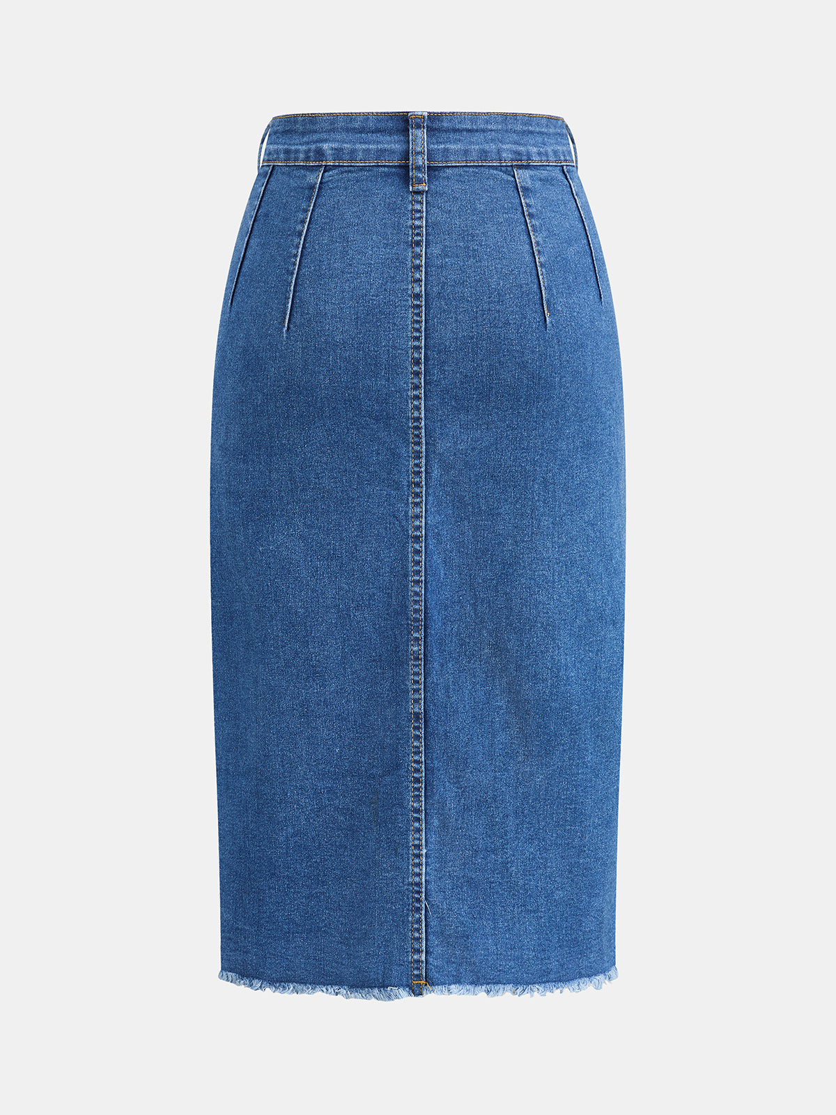 Front Slit Raw Hem Denim Midi Skirt: High-Waisted Classic Fashion Trend