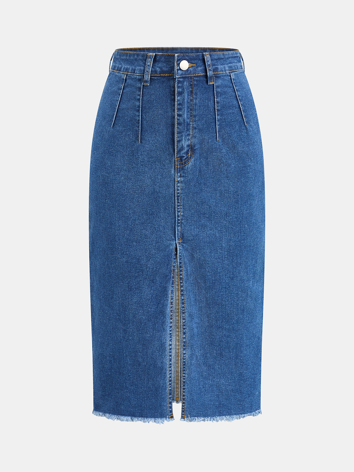 Front Slit Raw Hem Denim Midi Skirt: High-Waisted Classic Fashion Trend