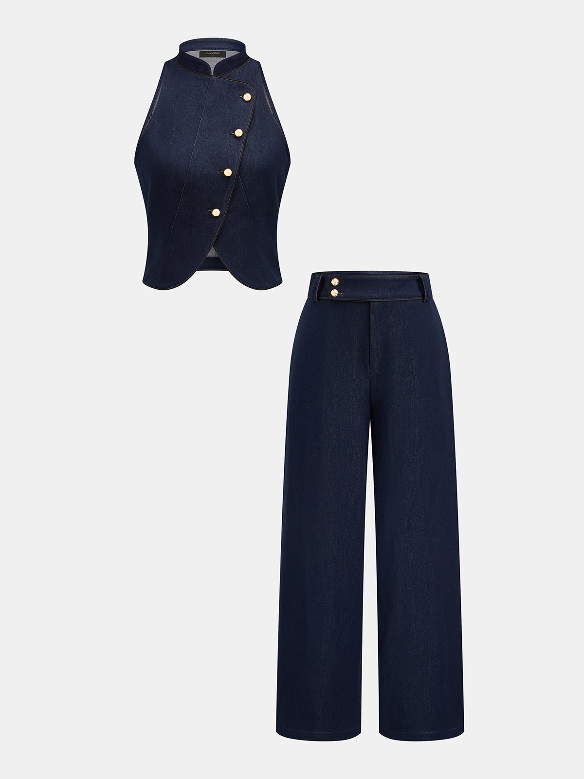 Asymmetrical Metal Button Two-Piece Fashion Outfit Set for Women