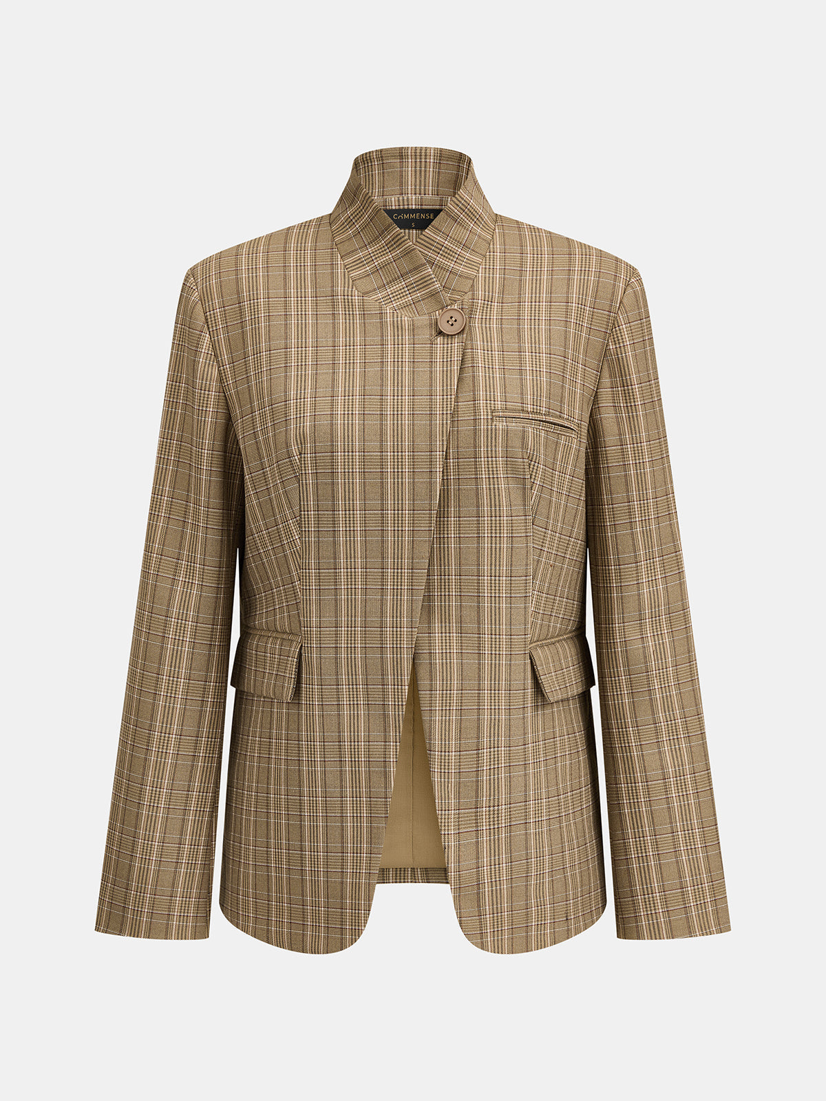 Stand Collar Asymmetric Plaid Blazer for Women Casual Workwear