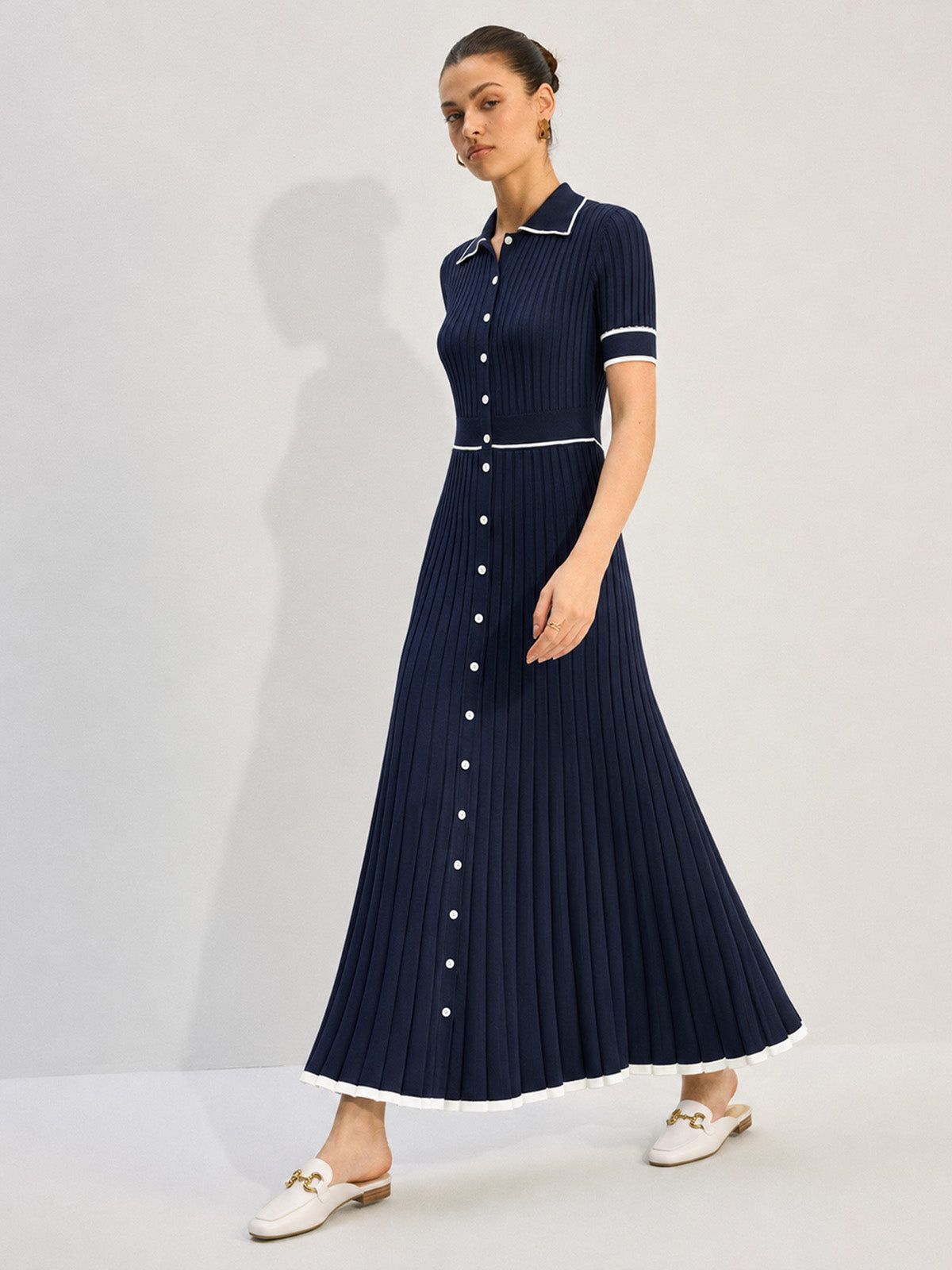 Contrast Piping Collared Rib Knit Midi Dress with Belted Waist