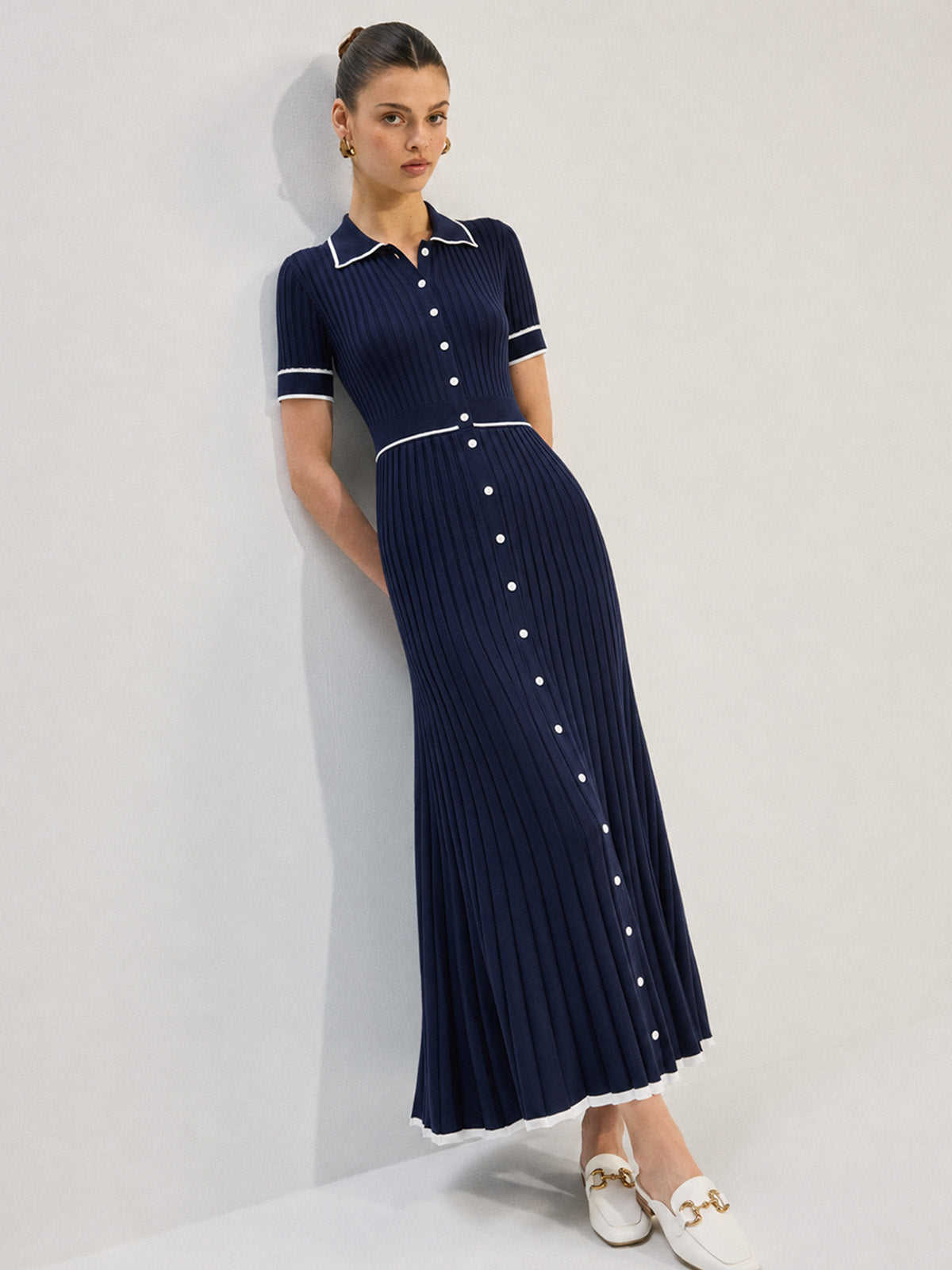 Contrast Piping Collared Rib Knit Midi Dress with Belted Waist