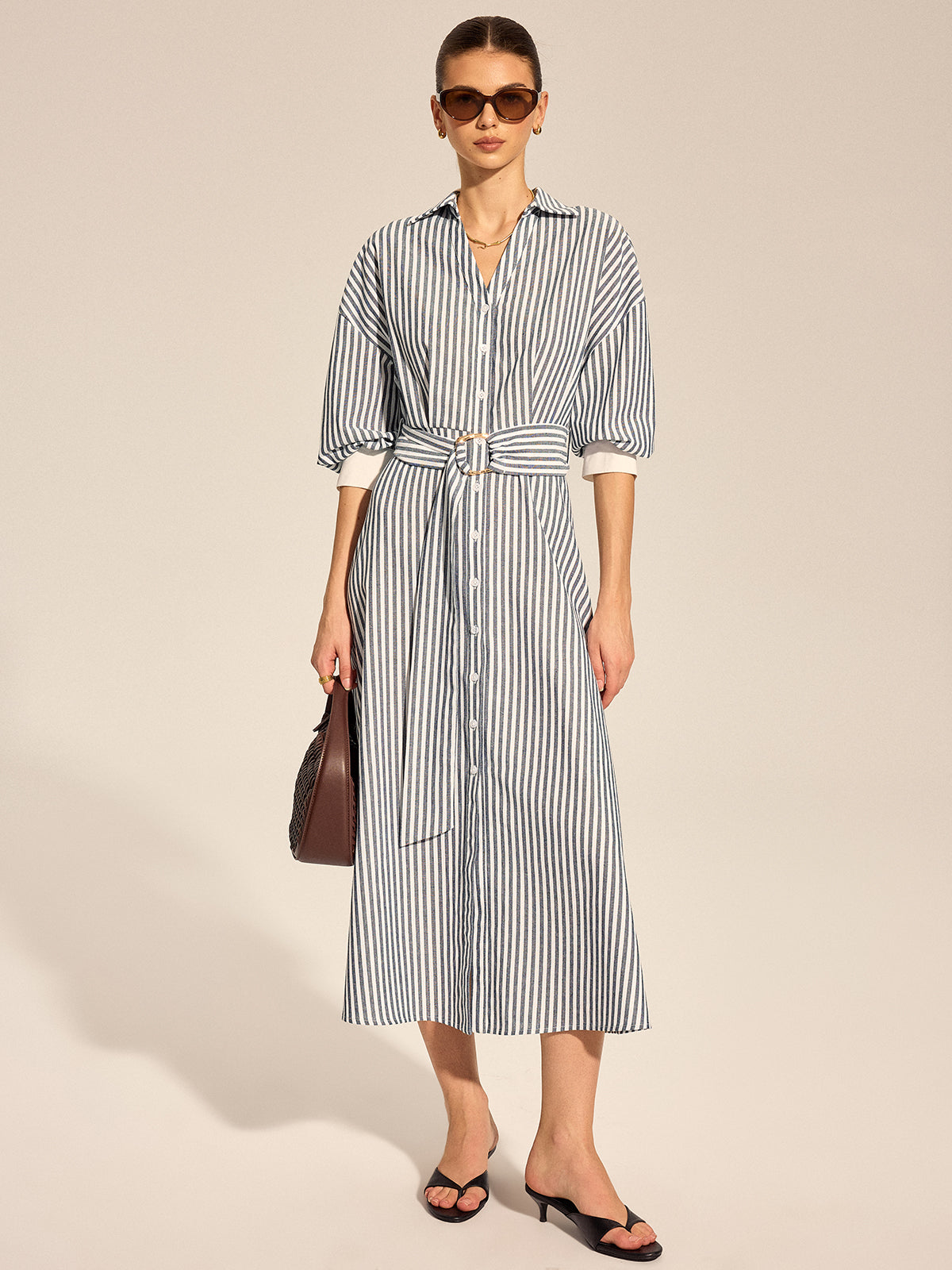 Striped Belted Tie Cuff Shirt Midi Dress Women's Casual Fashion