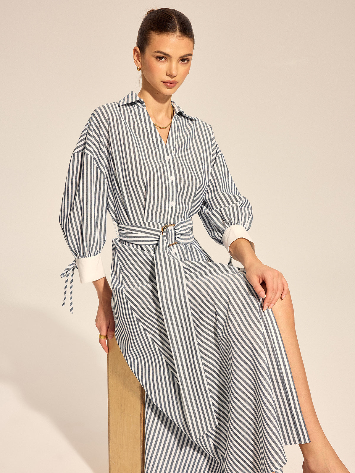 Striped Belted Tie Cuff Shirt Midi Dress Women's Casual Fashion