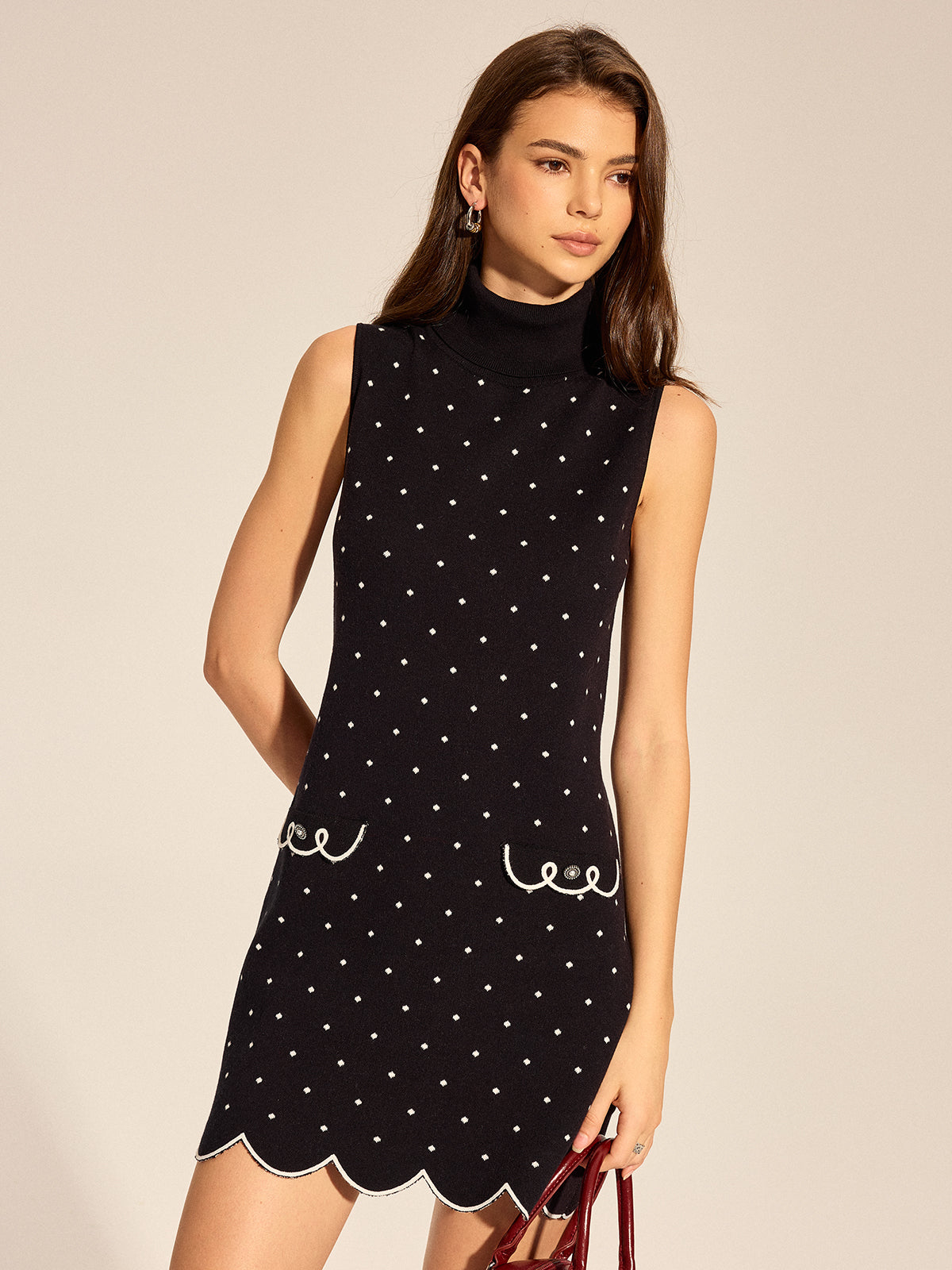 Polka Dot Scalloped Hem Knit Mini Dress with Short Sleeves