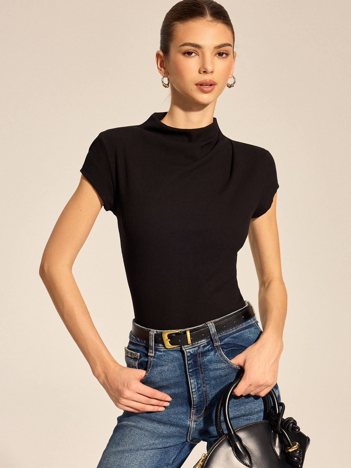 Draped Mock Neck Ribbed Knit Top Women’s Fitted Long Sleeve
