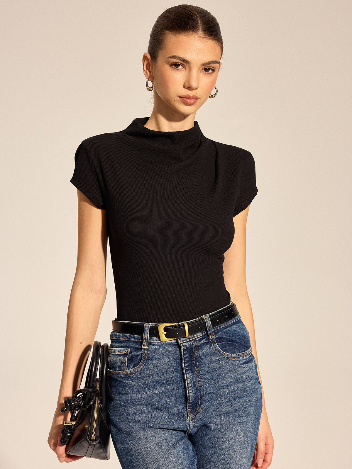 Draped Mock Neck Ribbed Knit Top Women’s Fitted Long Sleeve