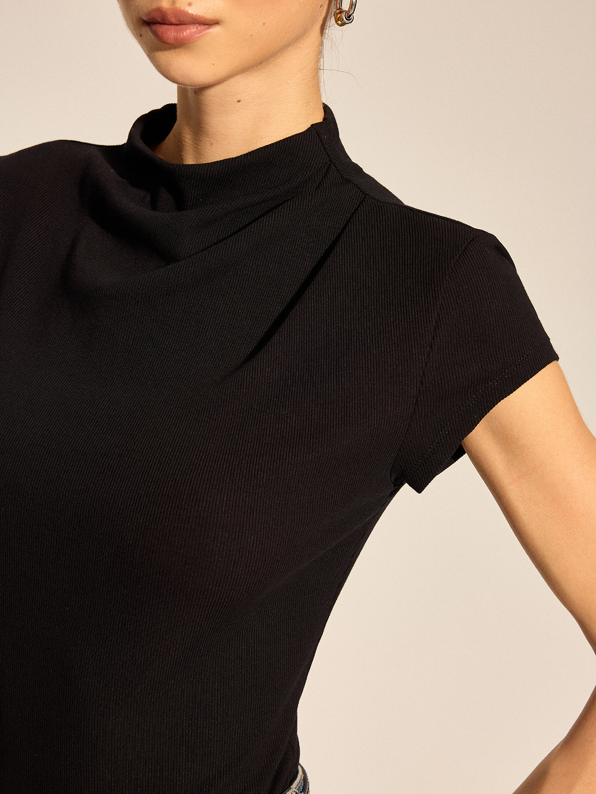 Draped Mock Neck Ribbed Knit Top Women’s Fitted Long Sleeve