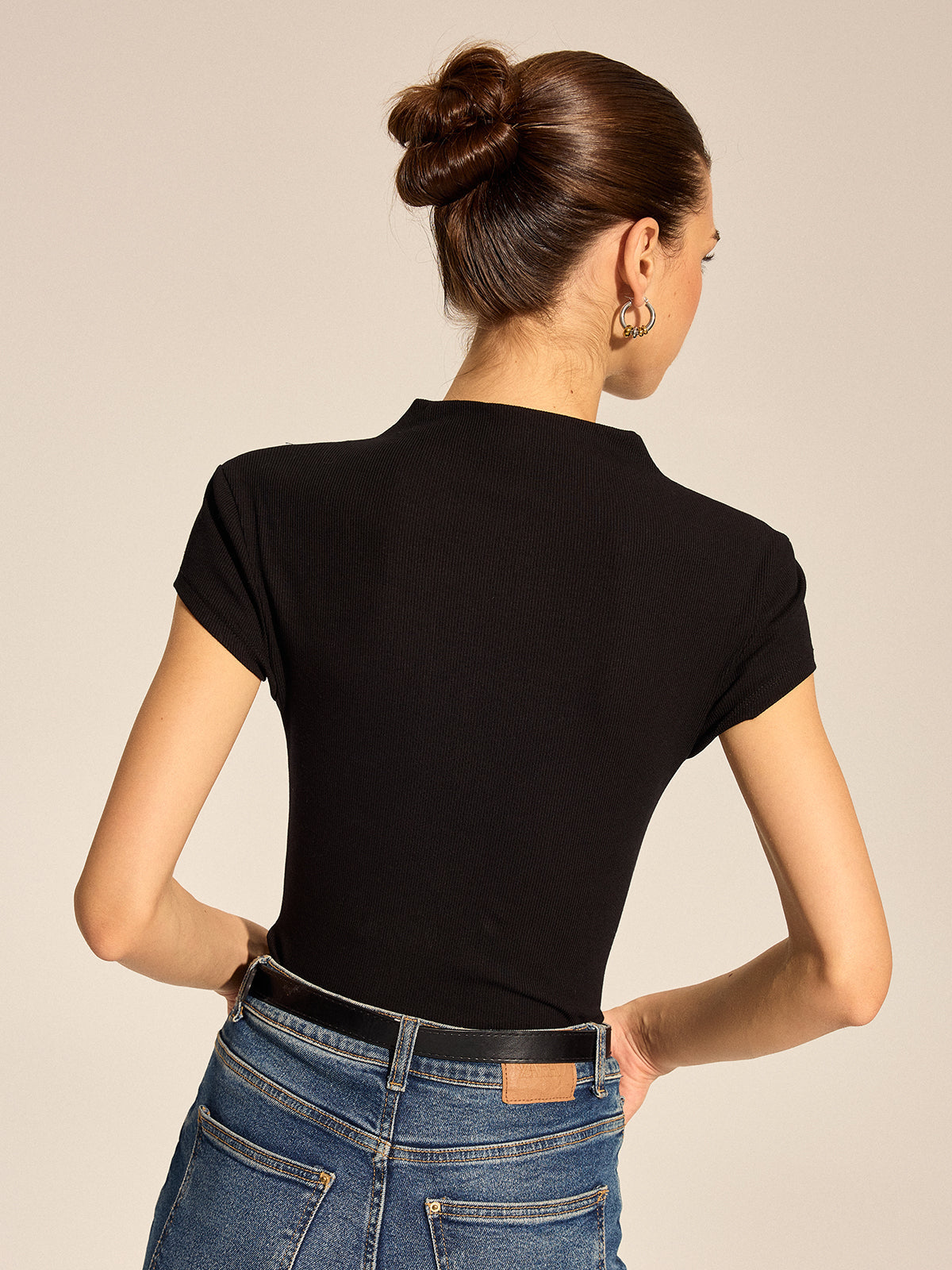 Draped Mock Neck Ribbed Knit Top Women’s Fitted Long Sleeve