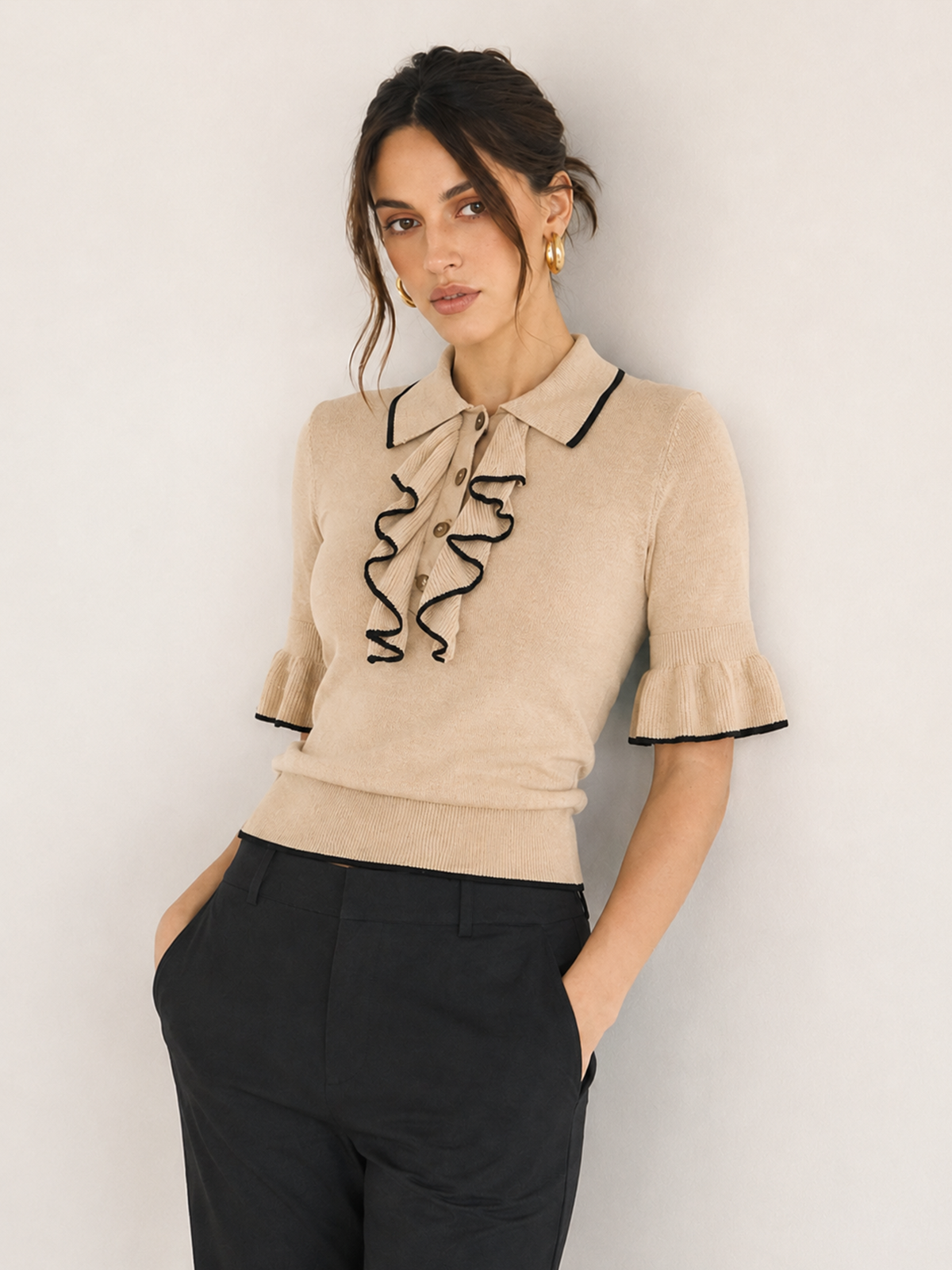 Contrast Trim Ruffle Knit Top for Women Casual Wear