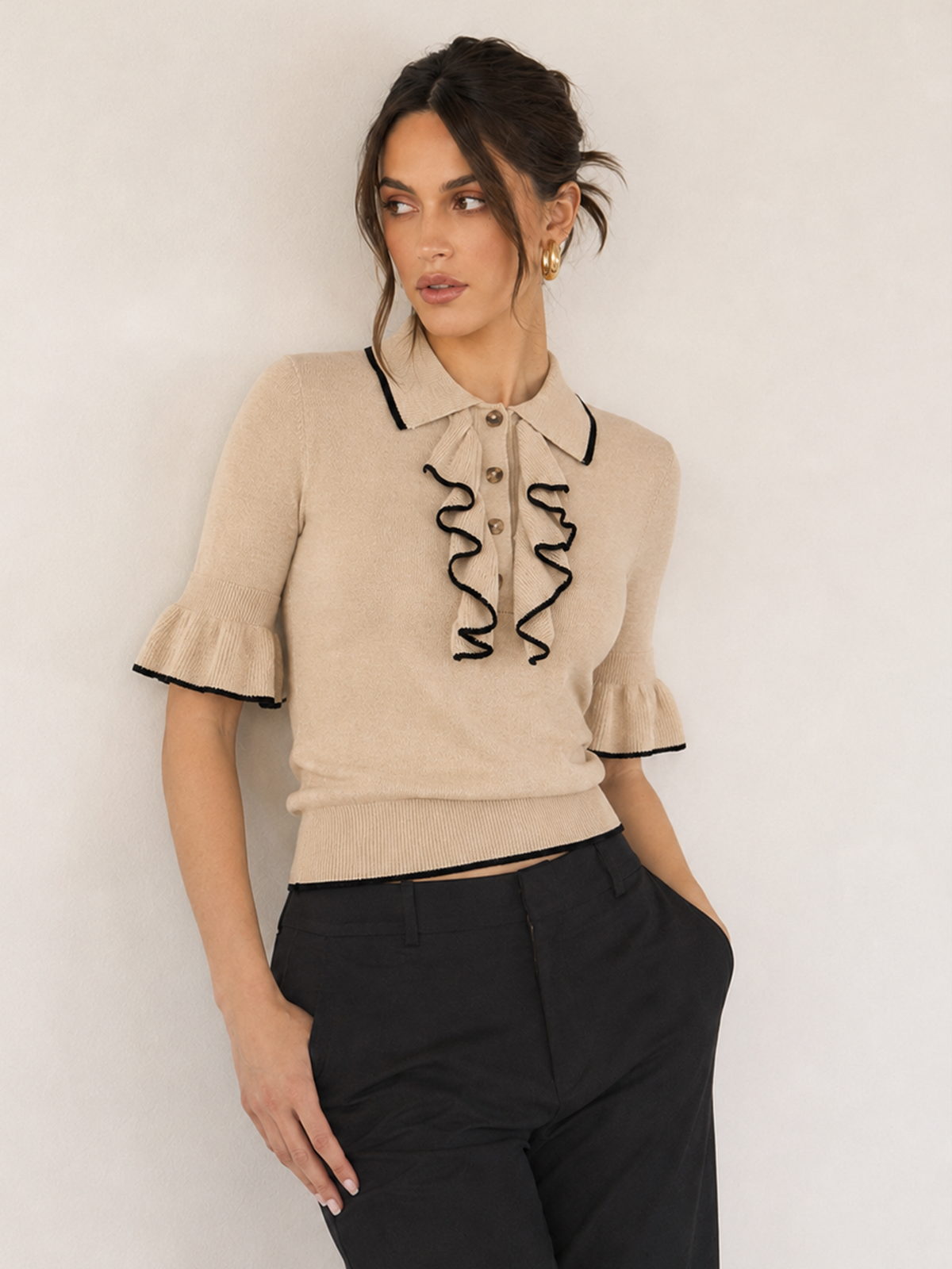 Contrast Trim Ruffle Knit Top for Women Casual Wear