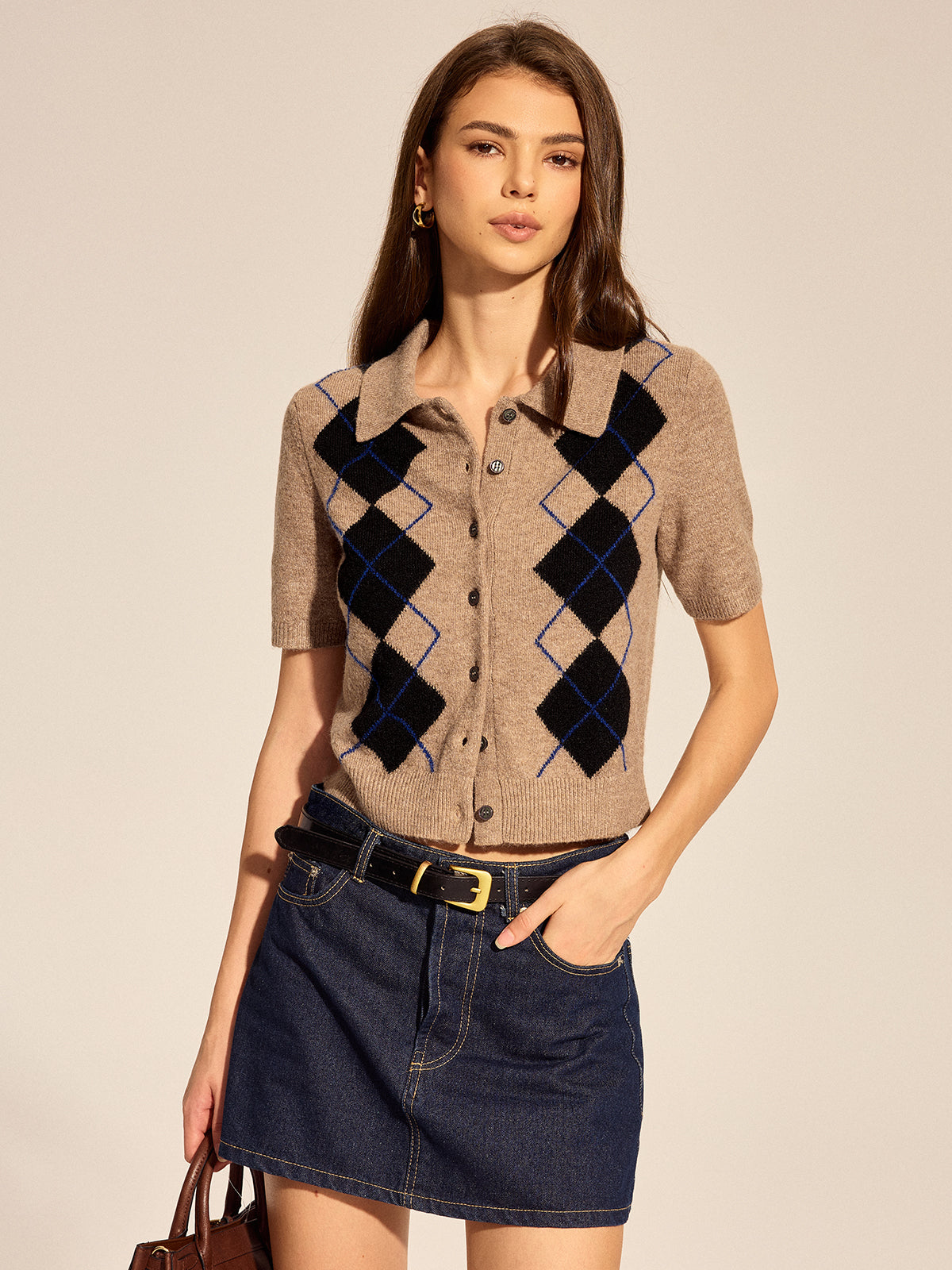 Argyle Short Sleeve Collared Knit Cardigan, Stylish Casual Spring Outerwear