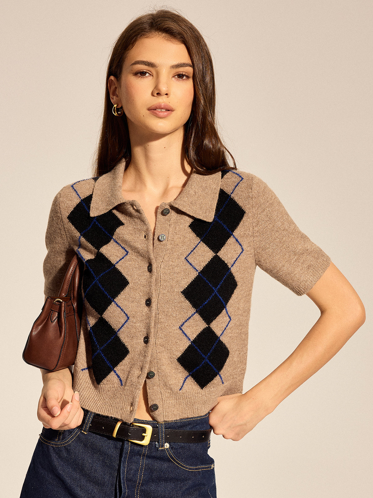 Argyle Short Sleeve Collared Knit Cardigan, Stylish Casual Spring Outerwear