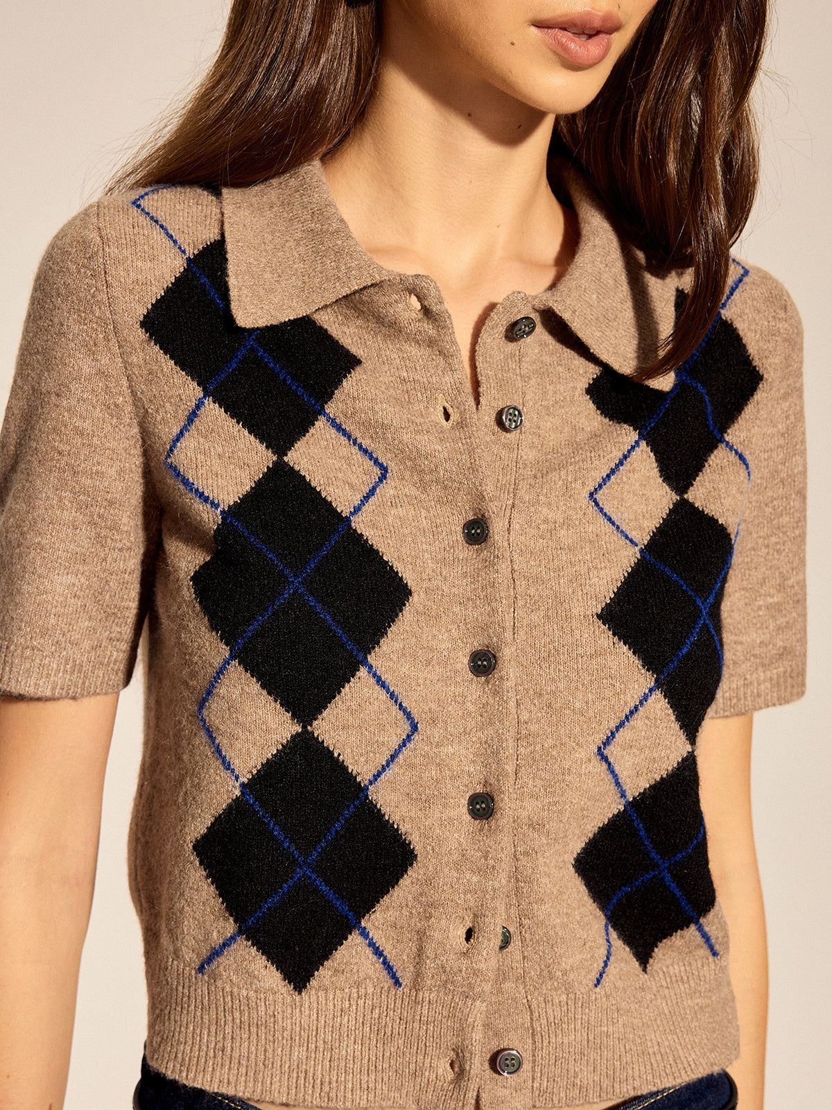 Argyle Short Sleeve Collared Knit Cardigan, Stylish Casual Spring Outerwear