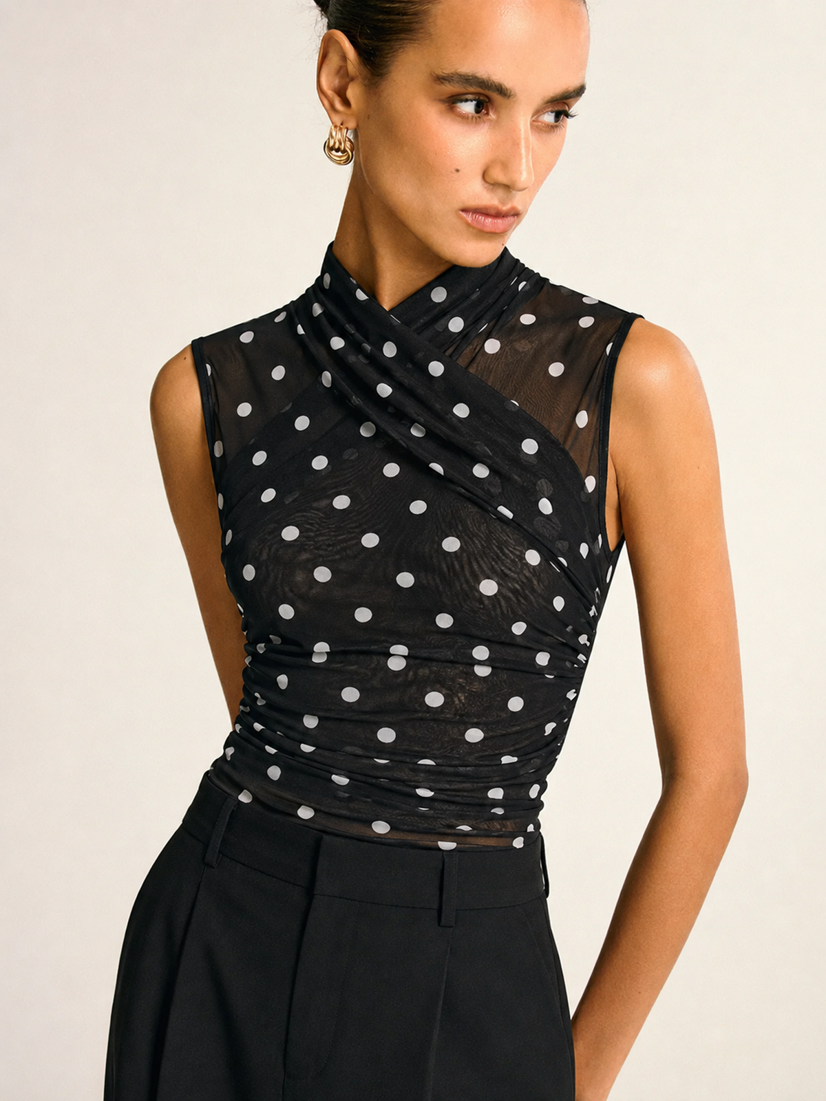 Polka Dot Ruched Sleeveless Mesh Top Women's Fashion Summer