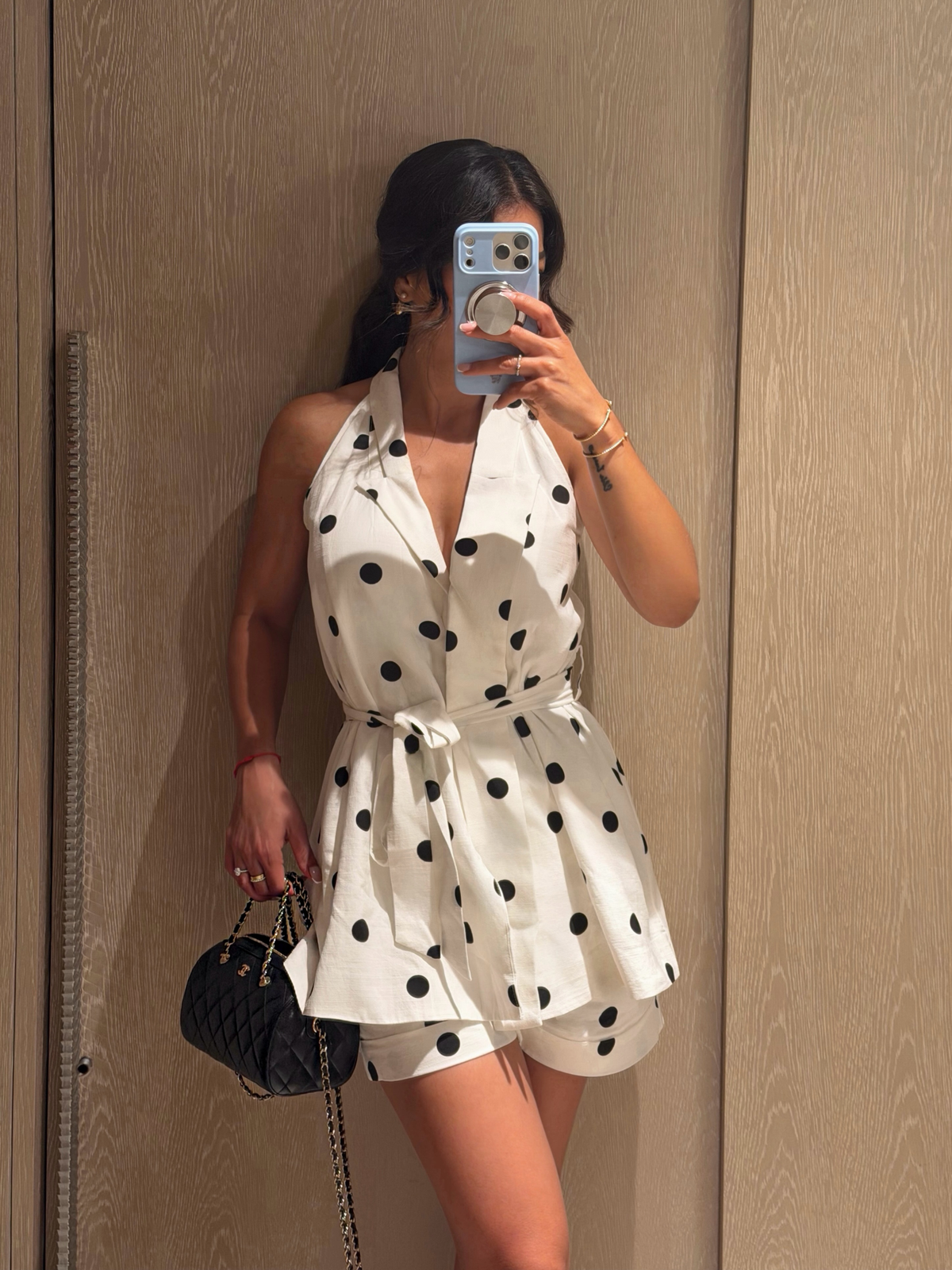Polka Dot Belted Top & Shorts Set for Summer Casual Wear
