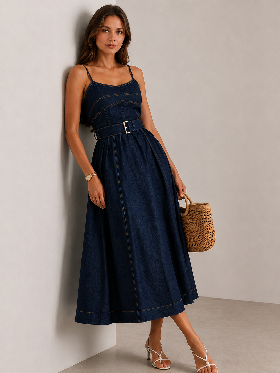 Belted A-Line Denim Cami Midi Dress with Side Pockets