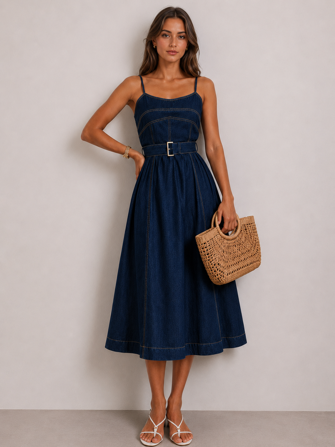 Belted A-Line Denim Cami Midi Dress with Side Pockets