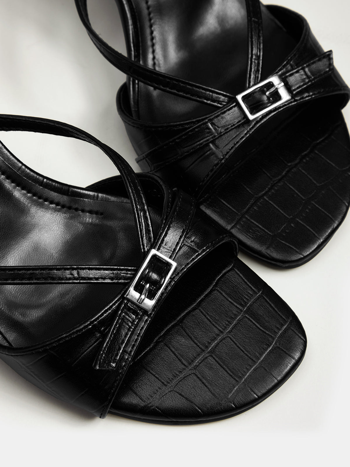 Buckle Detail Open Toe Stiletto Sandals with Ankle Strap Closure