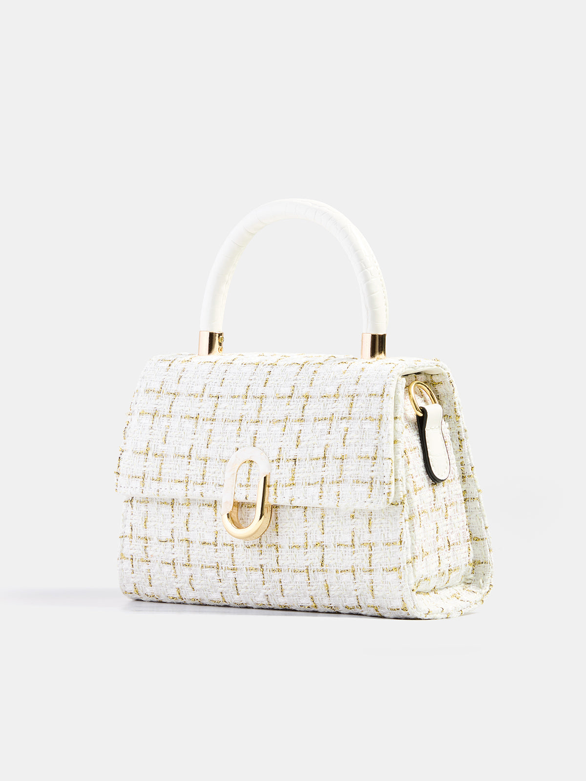 Tweed Plaid Top Handle Handbag with Adjustable Shoulder Strap
