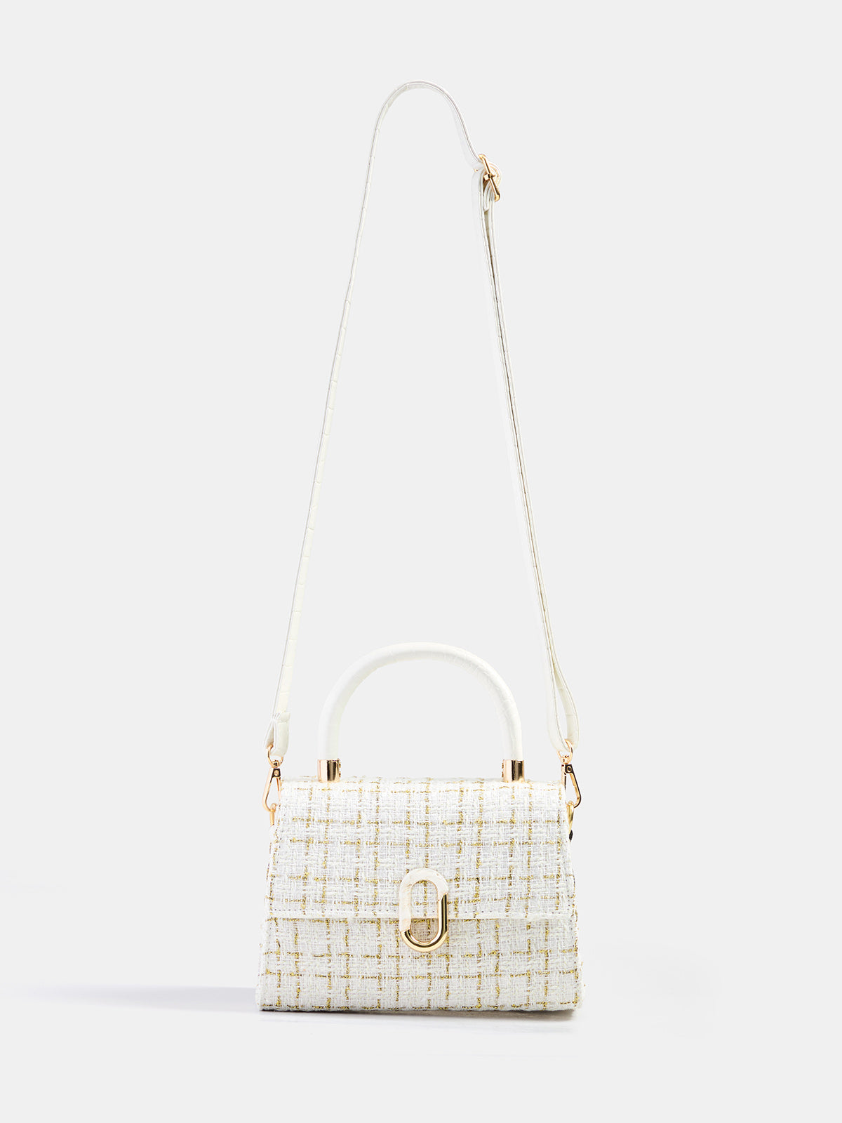 Tweed Plaid Top Handle Handbag with Adjustable Shoulder Strap