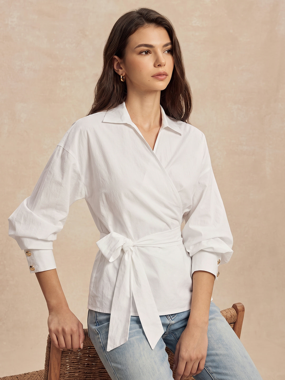 Long Sleeve Wrap Tie Waist Blouse Elegant V-Neck Office Top