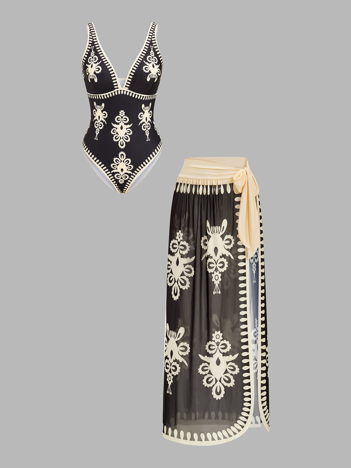 Ethnic Print One Piece Swimsuit & Sarong Set for Women Beachwear